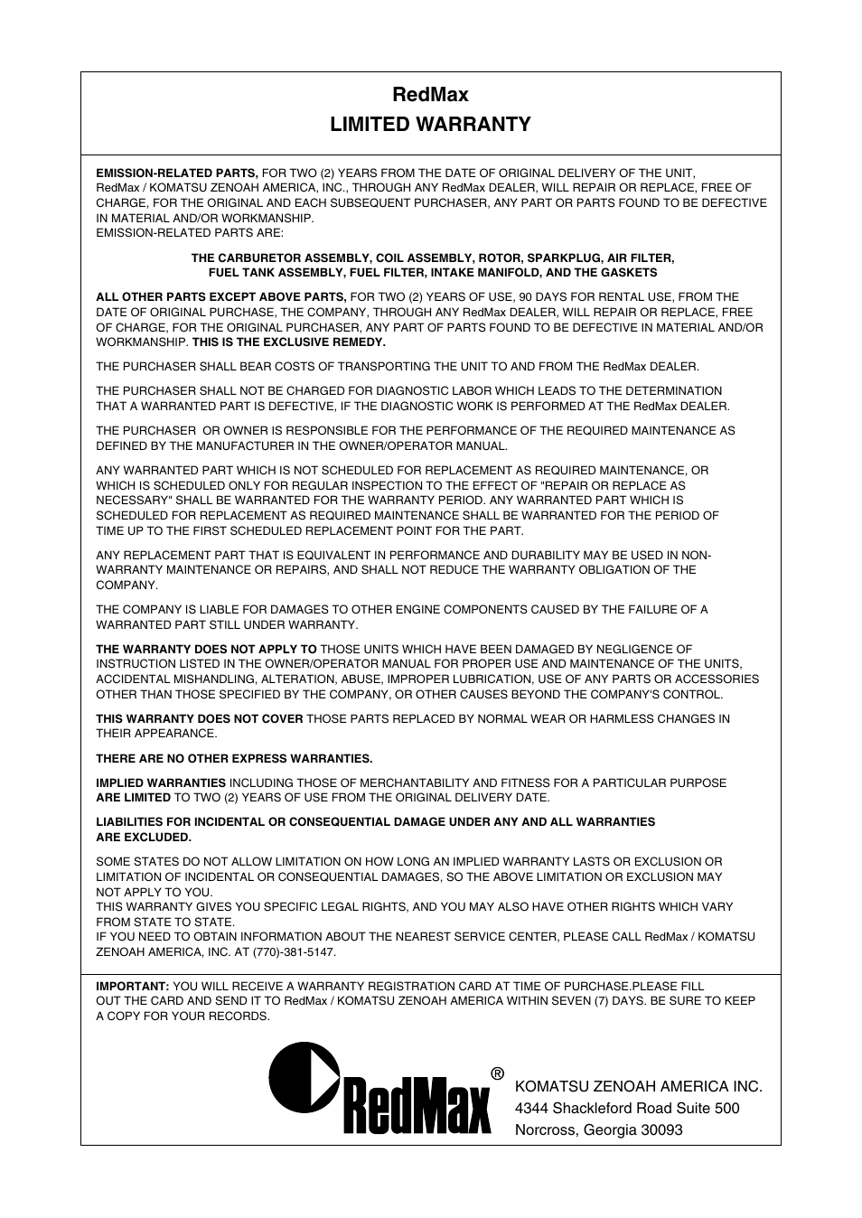 Redmax limited warranty | RedMax EBZ5100RH-CA User Manual | Page 55 / 60