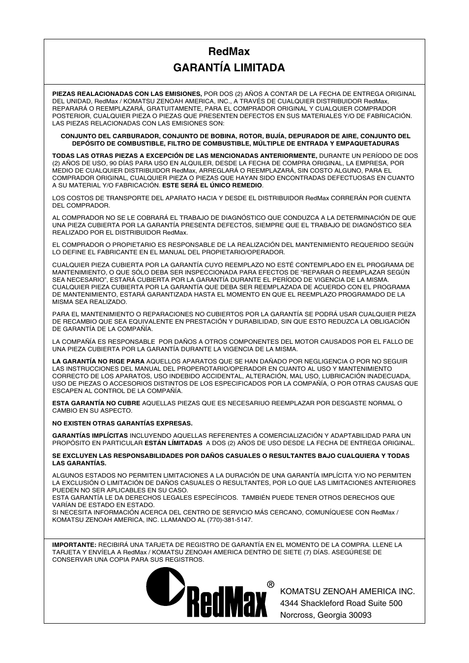 Redmax garantía limitada | RedMax EBZ5100RH-CA User Manual | Page 57 / 60