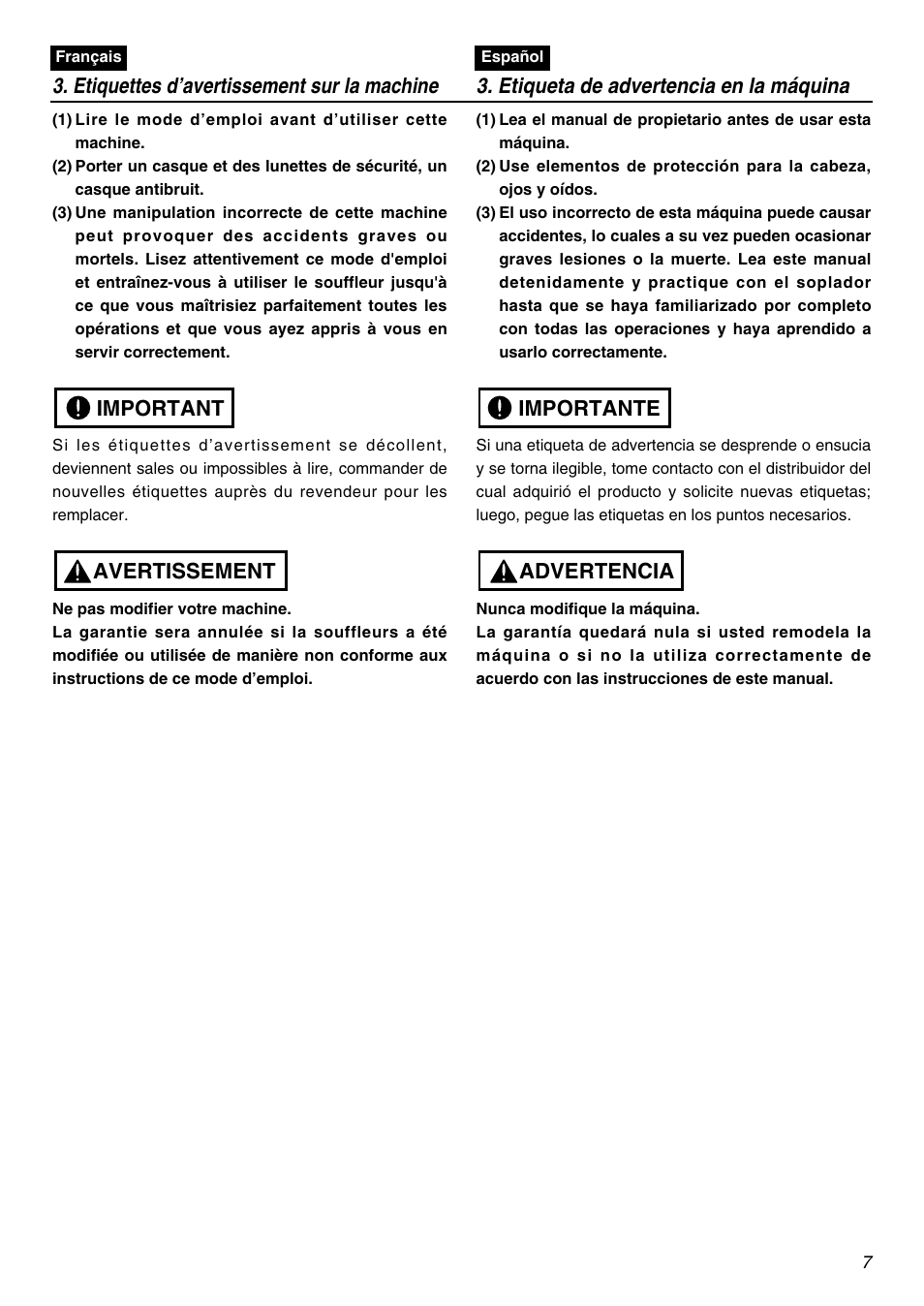 Avertissement important, Advertencia importante | RedMax EBZ5100RH-CA User Manual | Page 7 / 60