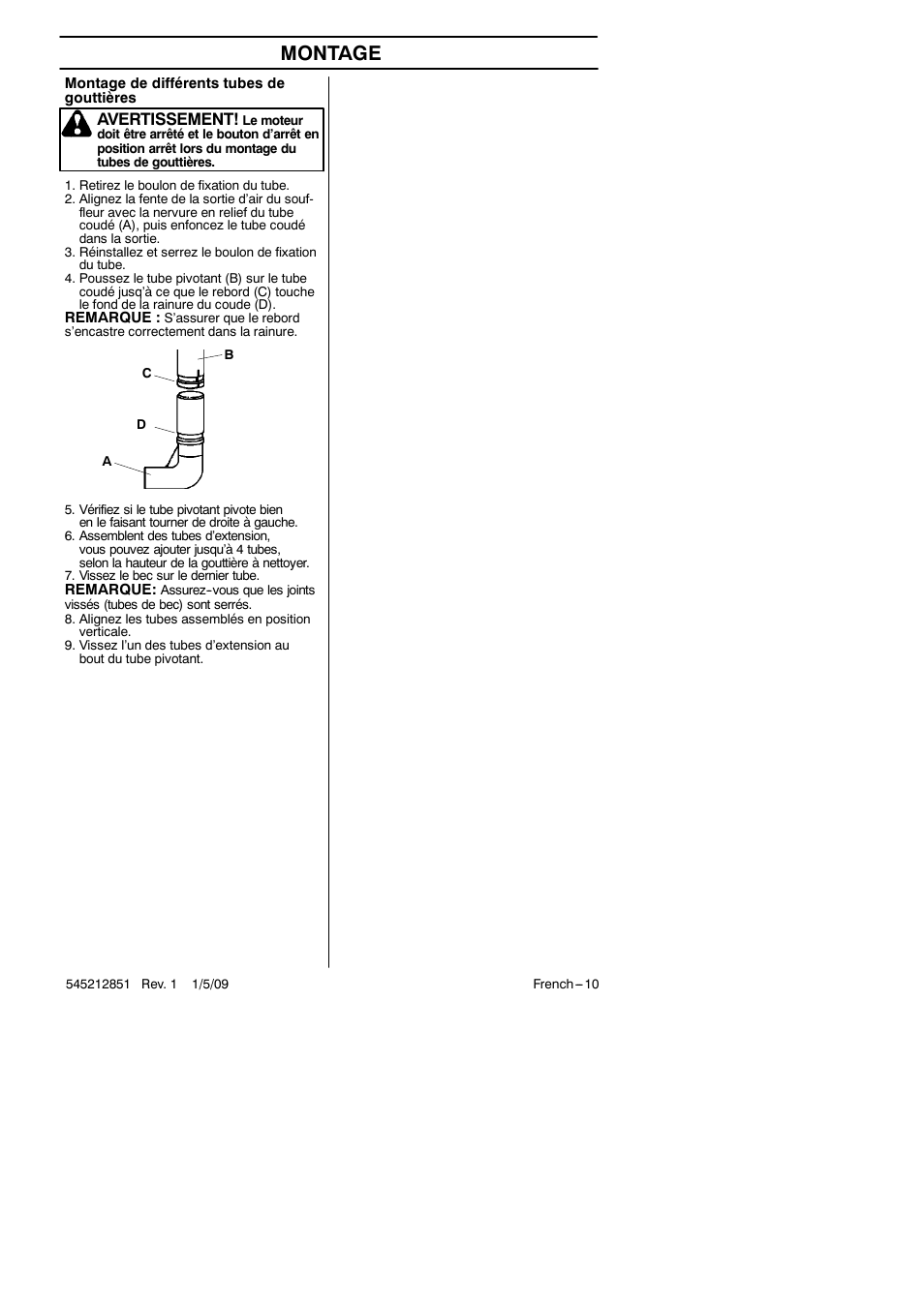 Montage, Avertissement | RedMax Gutter Clean-Outattachment GK-280 User Manual | Page 10 / 20