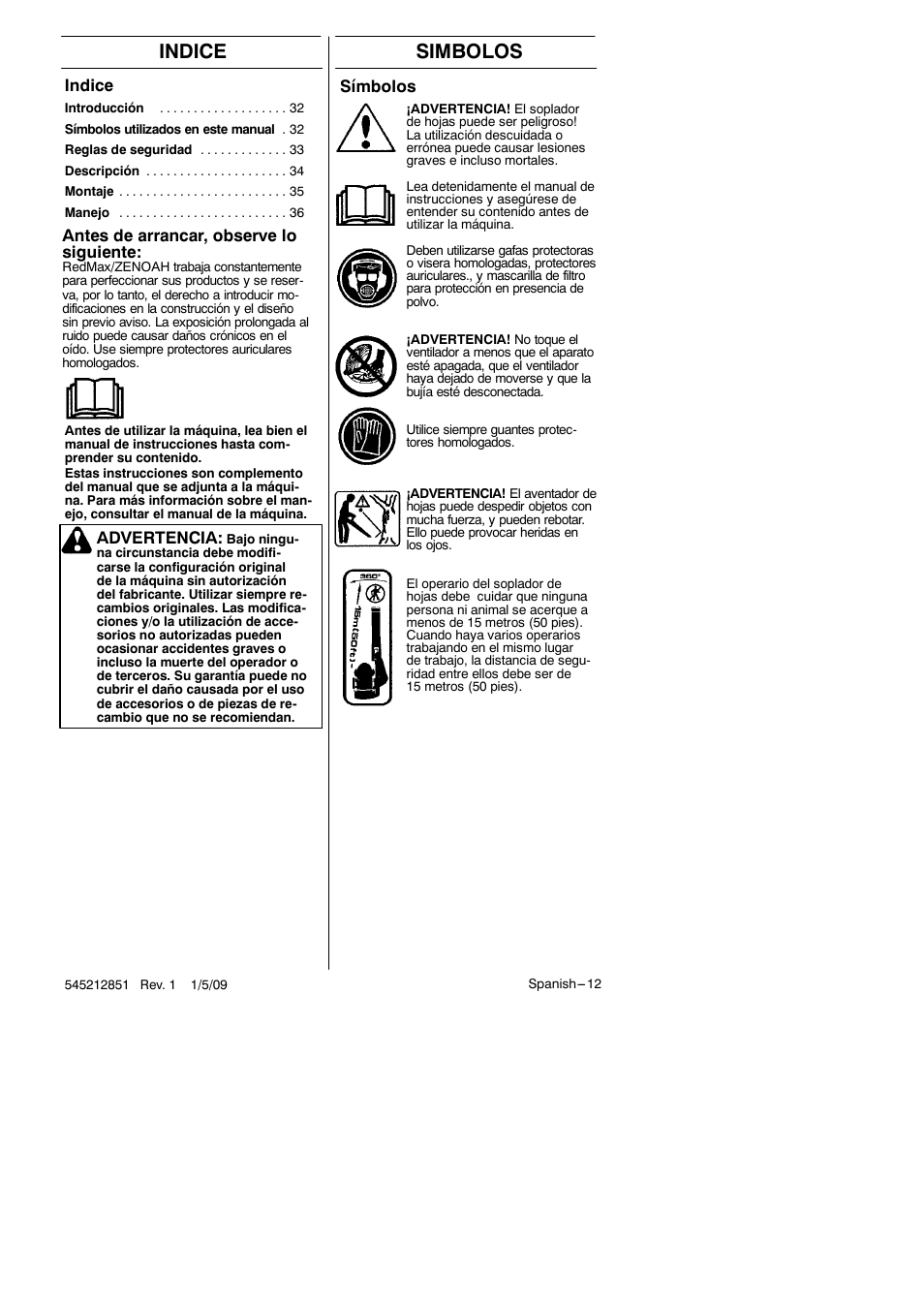 Indice simbolos, Símbolos, Indice | Antes de arrancar, observe lo siguiente, Advertencia | RedMax Gutter Clean-Outattachment GK-280 User Manual | Page 12 / 20