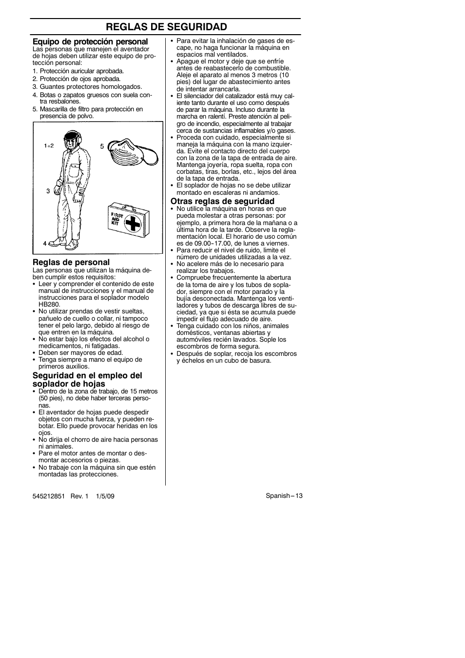 Reglas de seguridad, Equipo de protección personal, Reglas de personal | Seguridad en el empleo del soplador de hojas, Otras reglas de seguridad | RedMax Gutter Clean-Outattachment GK-280 User Manual | Page 13 / 20