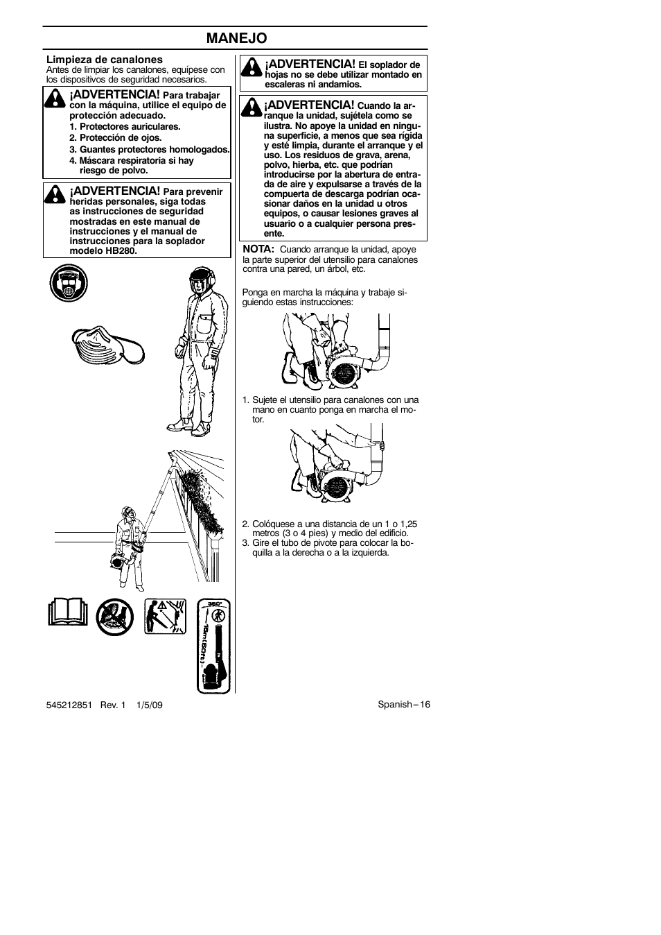 Manejo, Advertencia | RedMax Gutter Clean-Outattachment GK-280 User Manual | Page 16 / 20