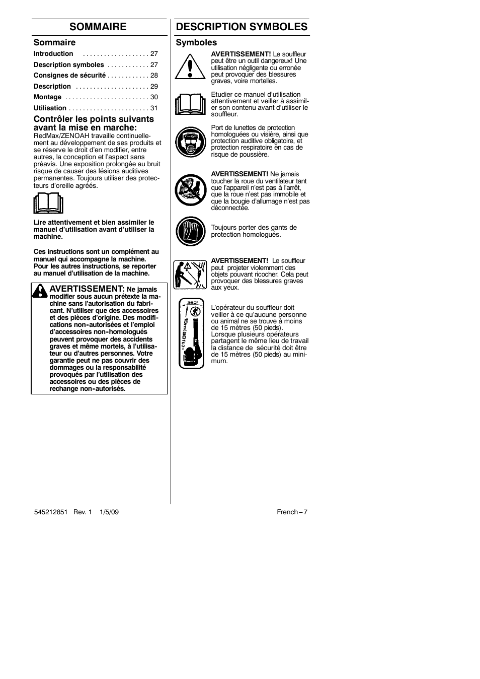 Sommaire description symboles, Symboles, Sommaire | Avertissement | RedMax Gutter Clean-Outattachment GK-280 User Manual | Page 7 / 20