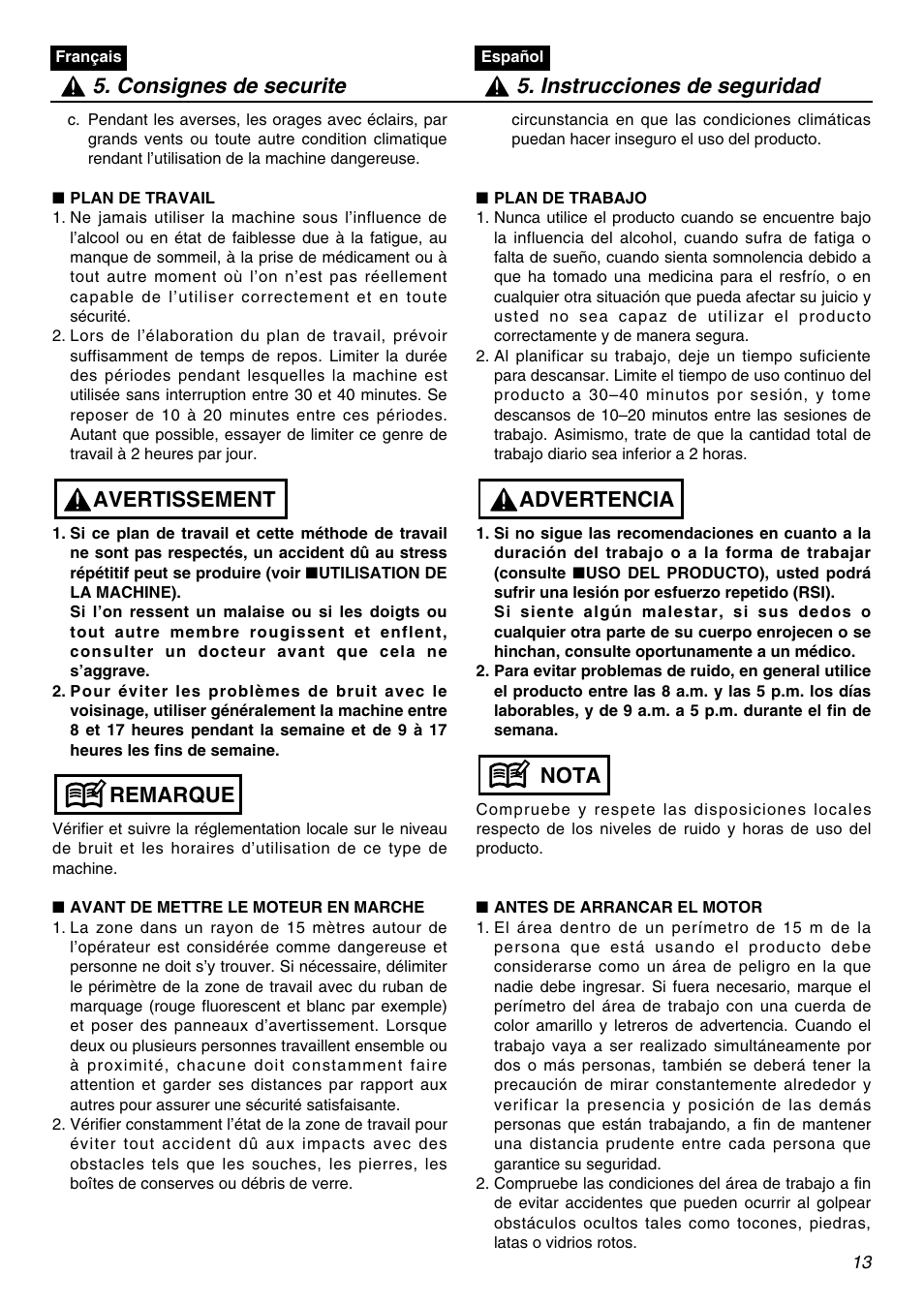 Remarque avertissement | RedMax SRTZ2401F User Manual | Page 13 / 56