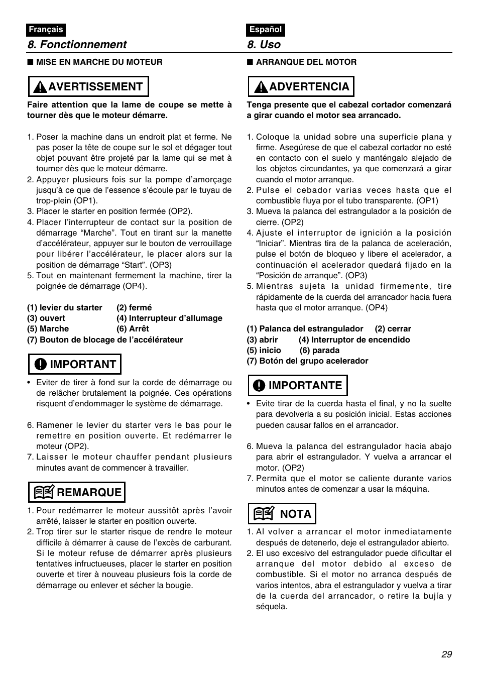 Fonctionnement 8. uso, Remarque important avertissement, Nota importante advertencia | RedMax SRTZ2401F User Manual | Page 29 / 56