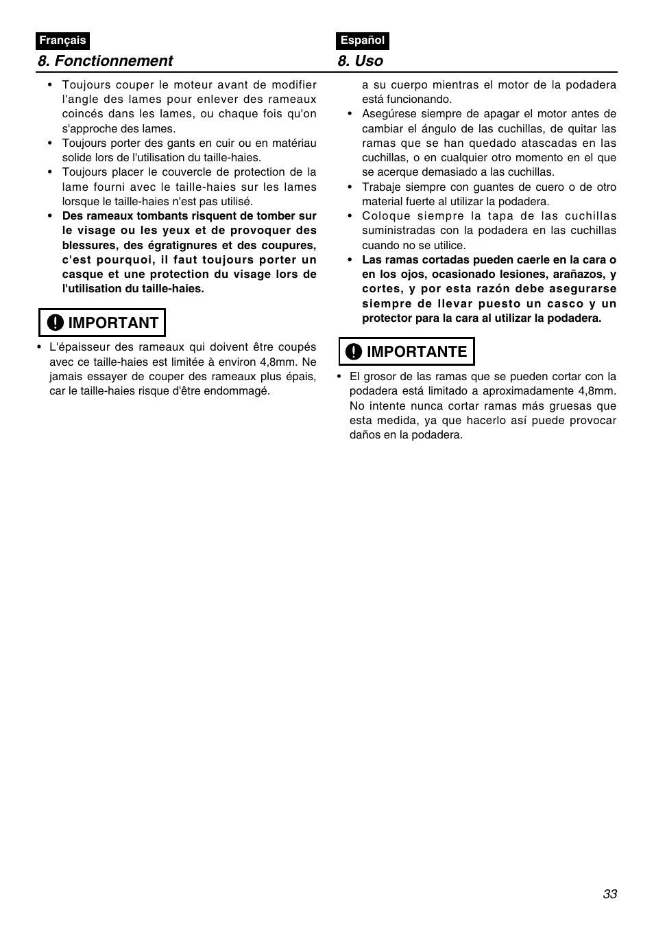 Fonctionnement 8. uso, Importante, Important | RedMax SRTZ2401F User Manual | Page 33 / 56