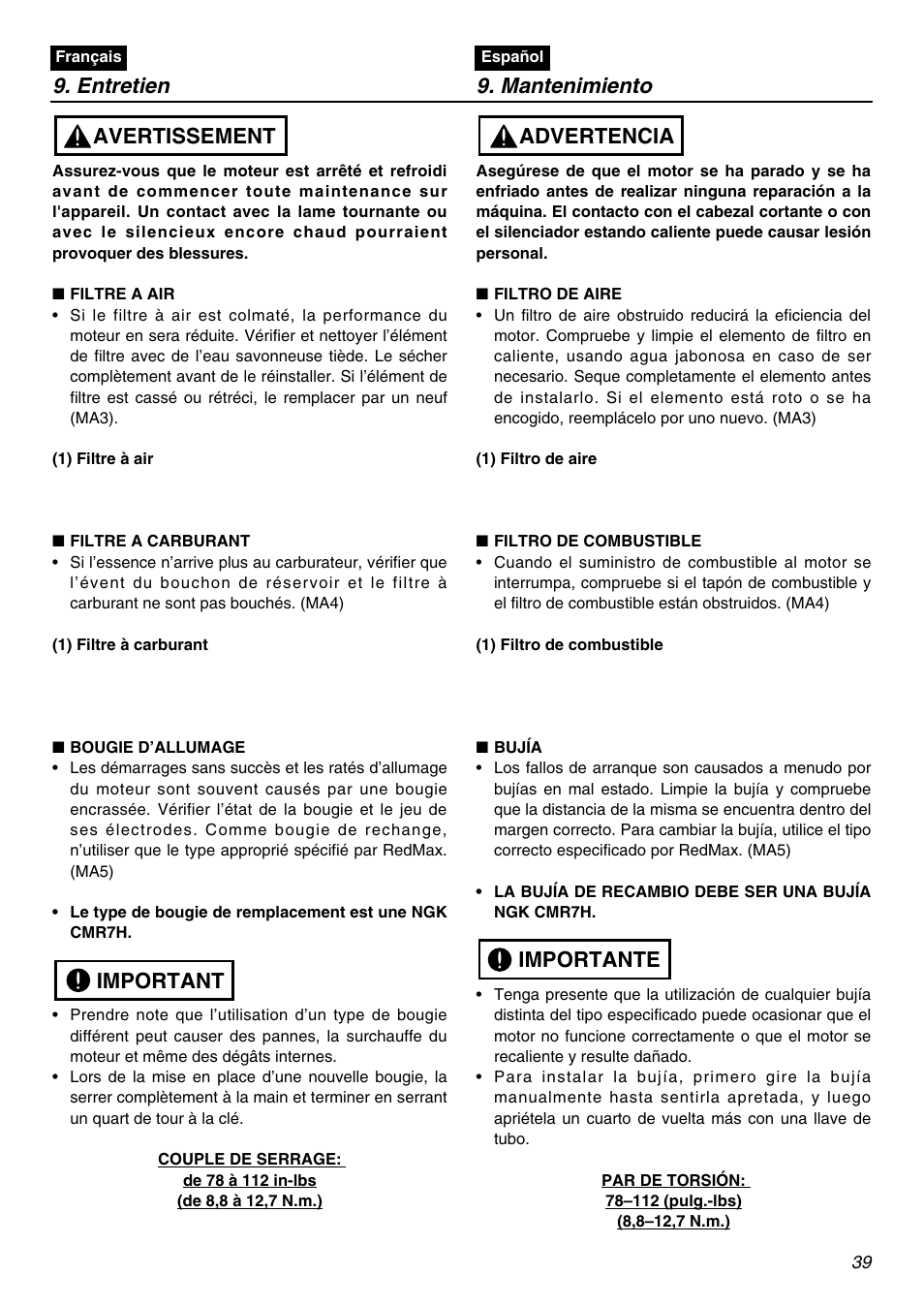 Entretien 9. mantenimiento, Important avertissement, Importante advertencia | RedMax SRTZ2401F User Manual | Page 39 / 56