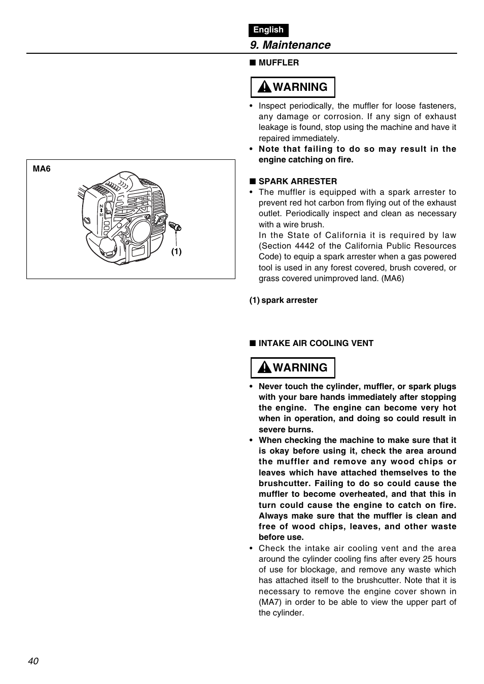 Maintenance, Warning | RedMax SRTZ2401F User Manual | Page 40 / 56