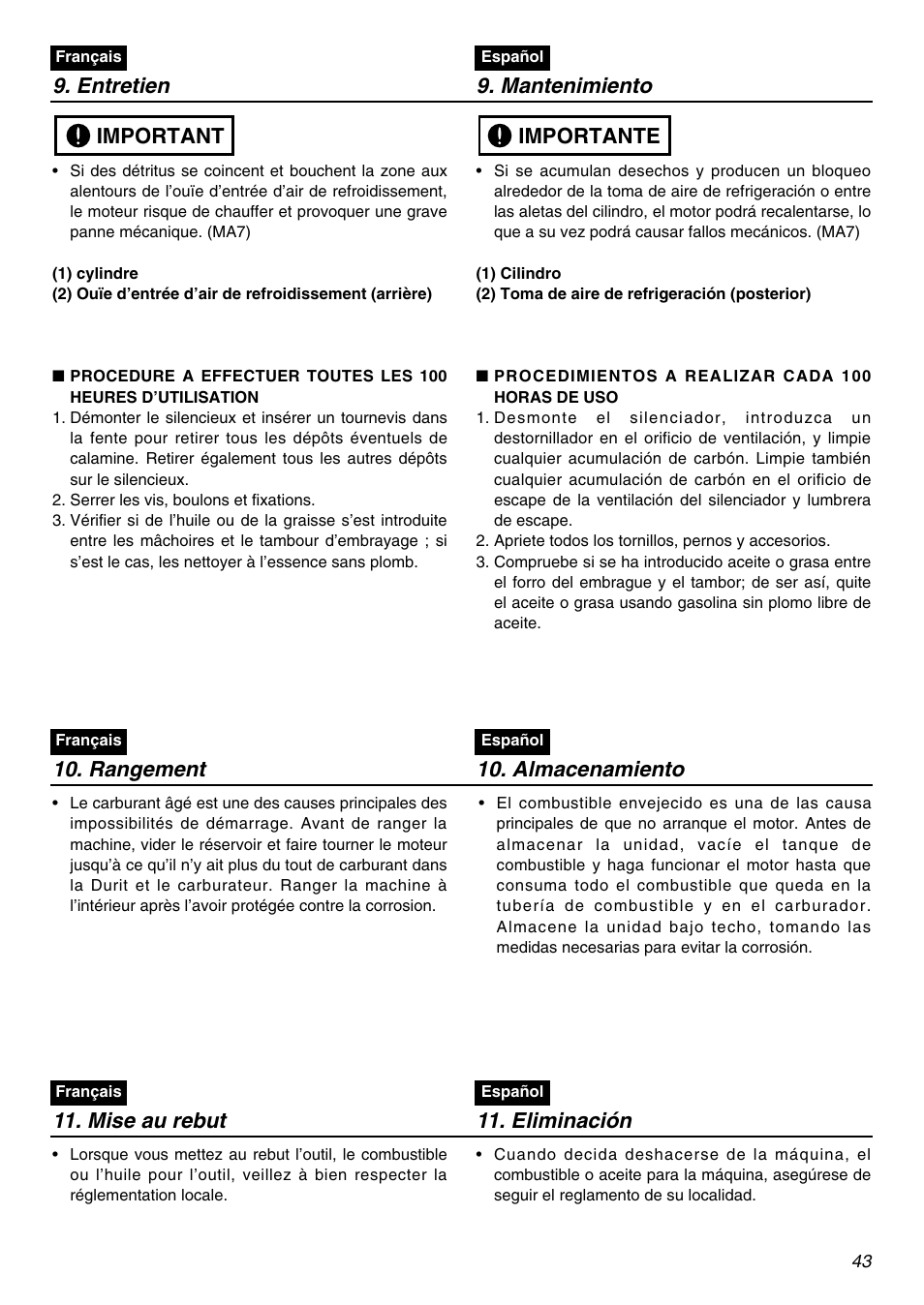 Entretien 9. mantenimiento, Important, Importante | Rangement 10. almacenamiento, Mise au rebut 11. eliminación | RedMax SRTZ2401F User Manual | Page 43 / 56