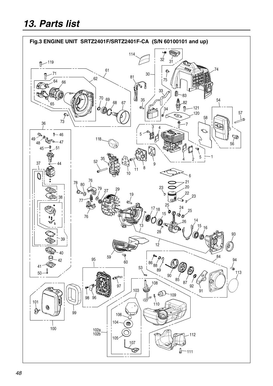 Parts list | RedMax SRTZ2401F User Manual | Page 48 / 56