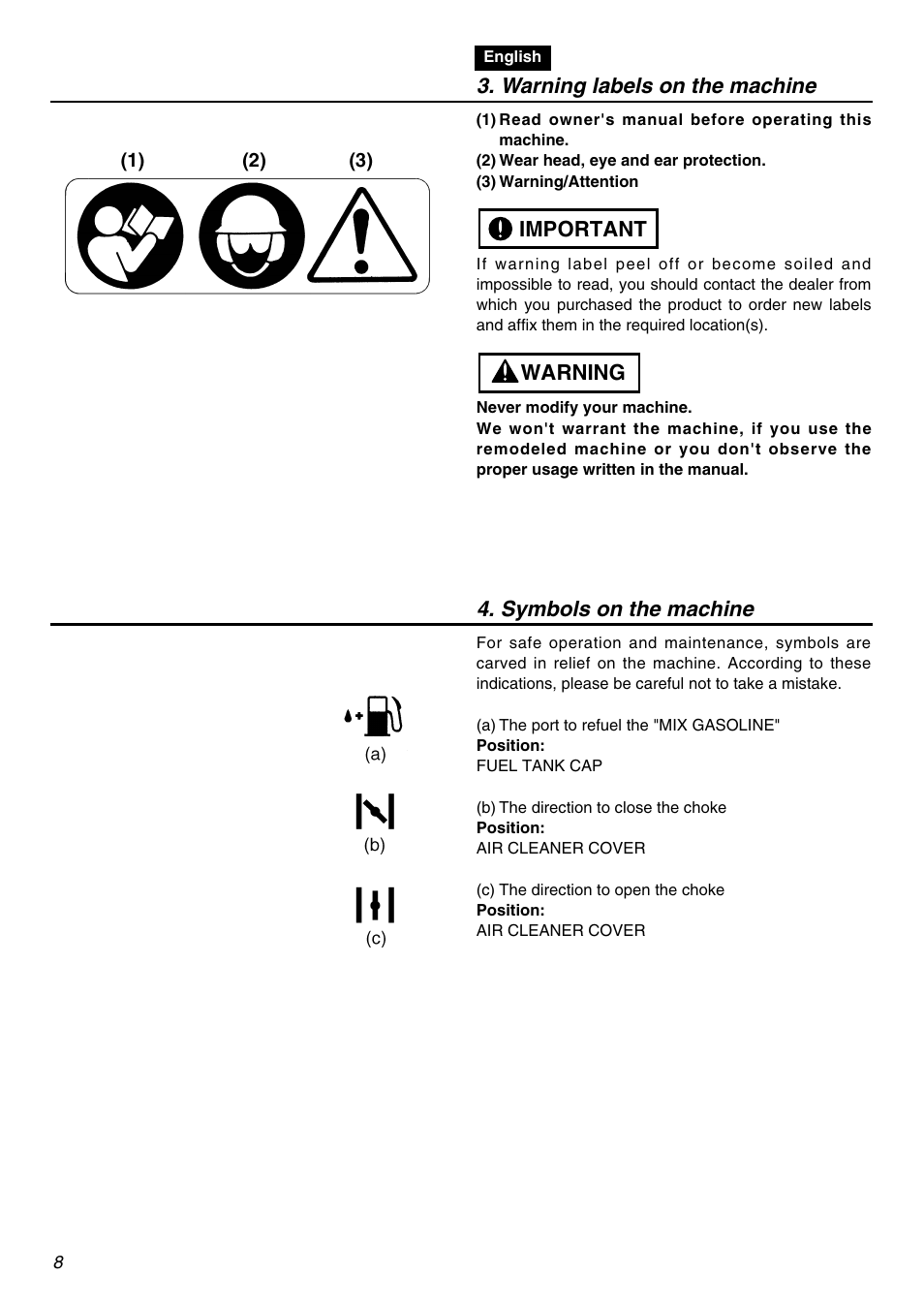 Warning labels on the machine, Warning important 4. symbols on the machine | RedMax SRTZ2401F User Manual | Page 8 / 56