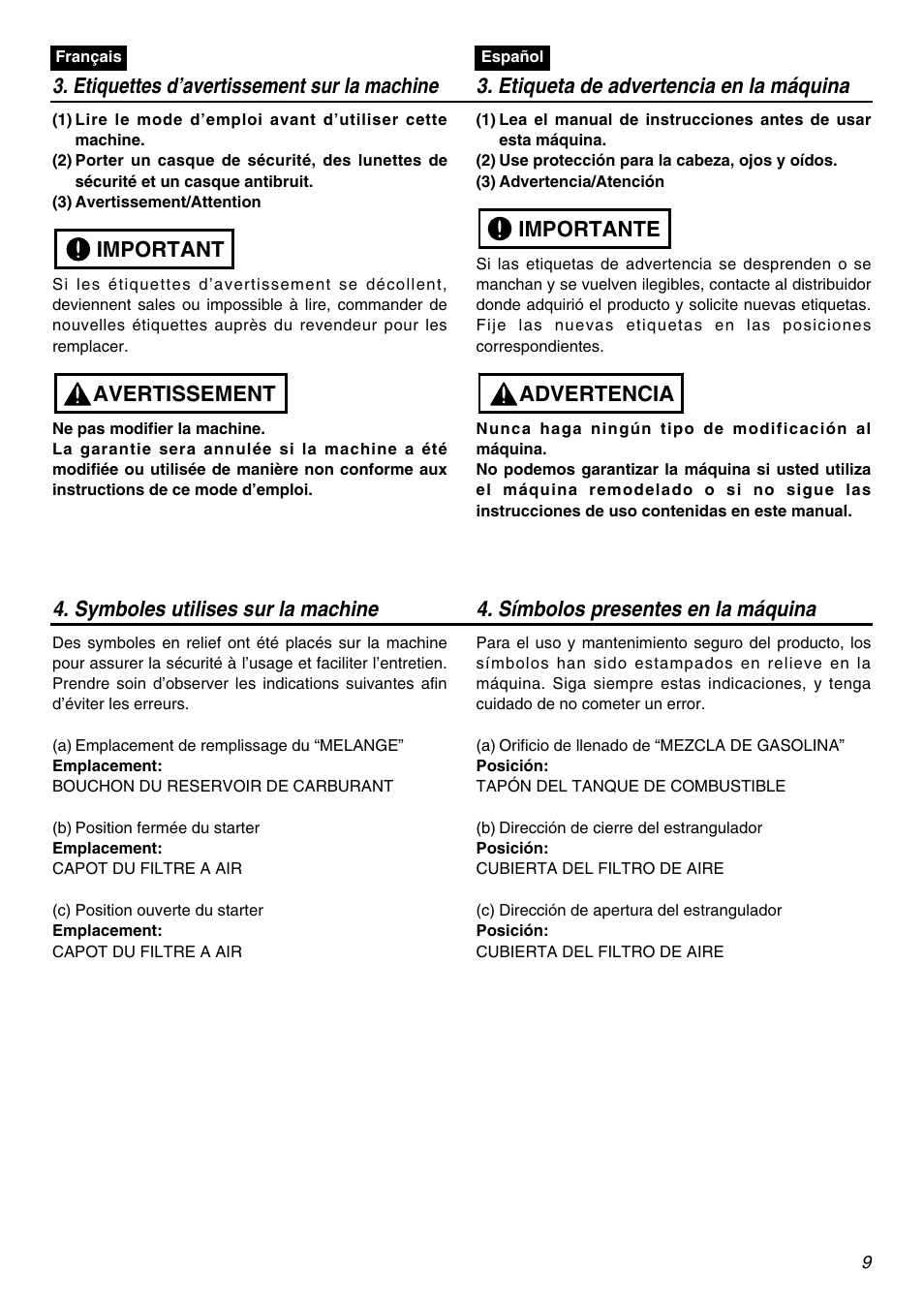 Avertissement important, Advertencia importante | RedMax SRTZ2401F User Manual | Page 9 / 56