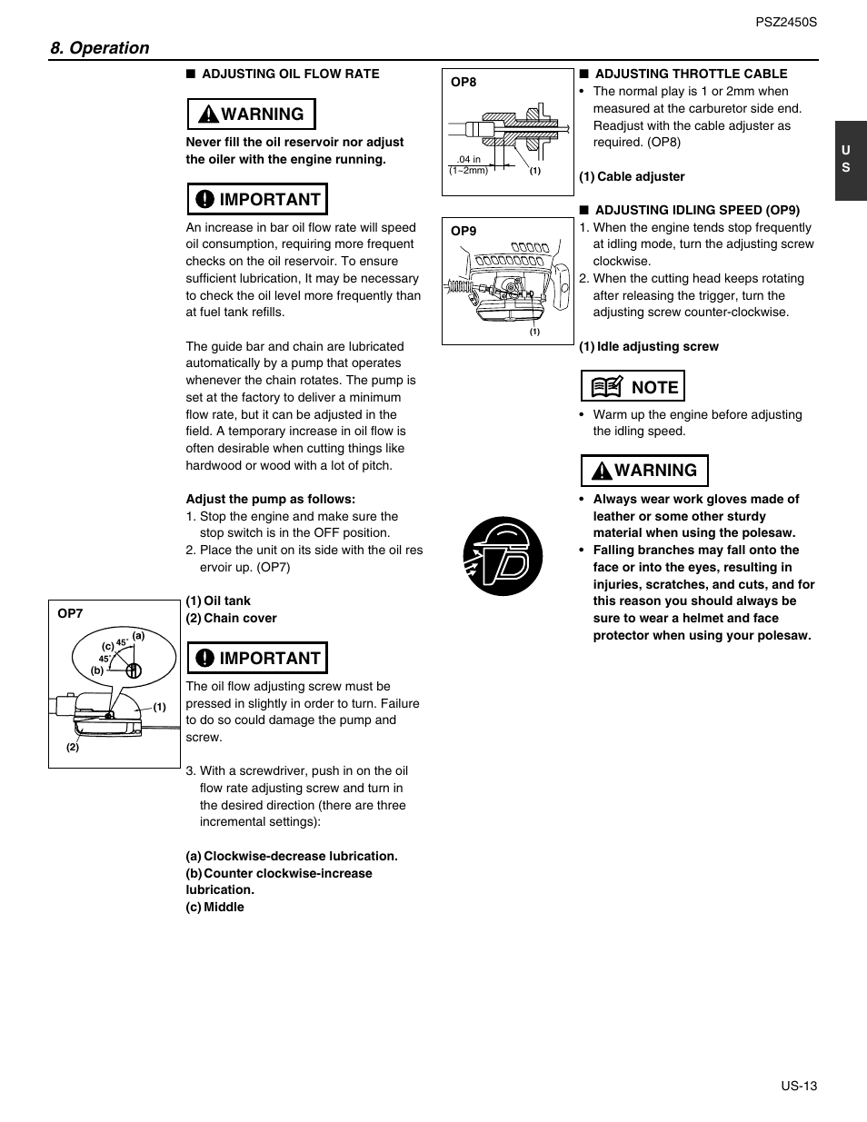 Important, Important warning 8. operation | RedMax PSZ2450S User Manual | Page 13 / 19