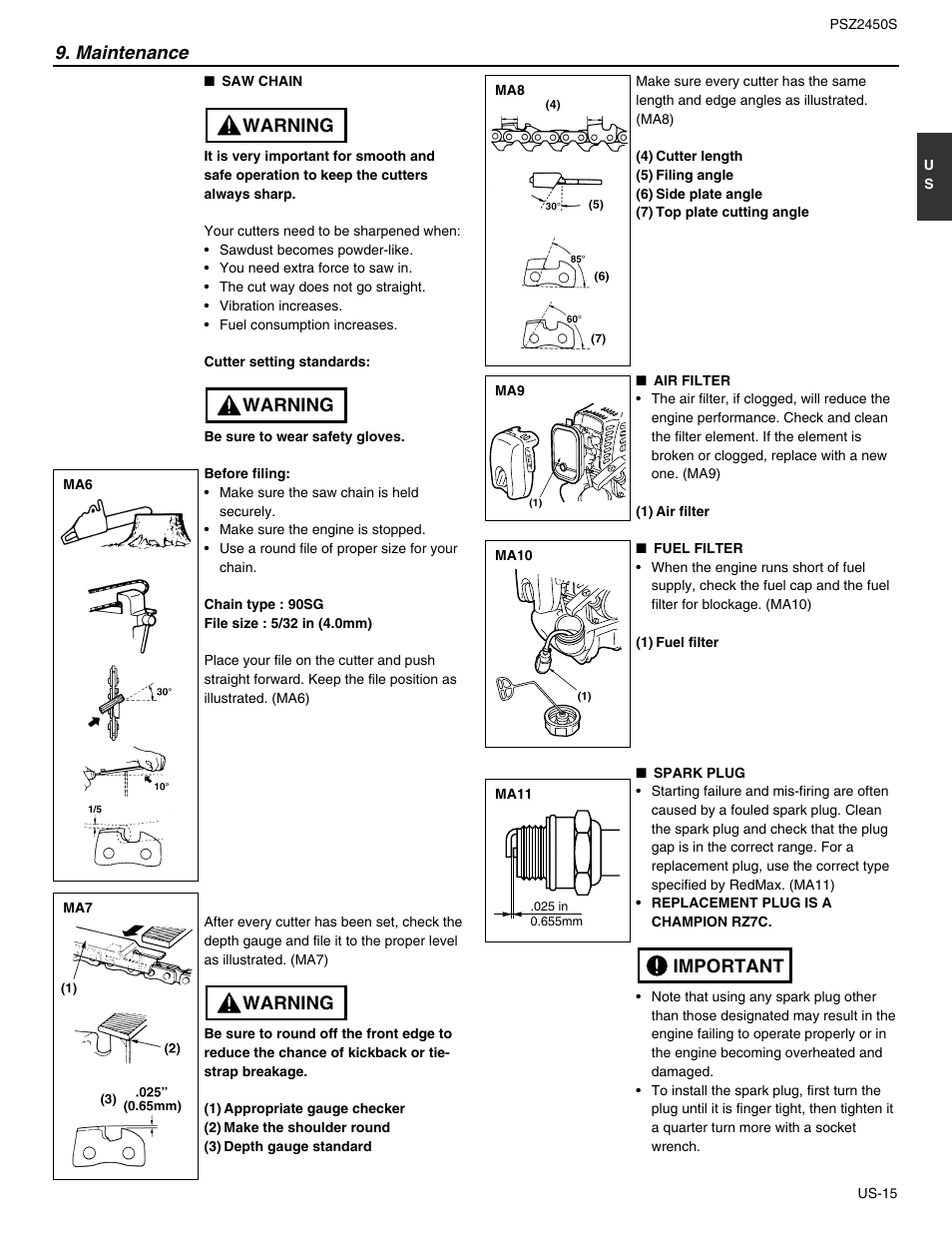 Warning, Maintenance, Important | RedMax PSZ2450S User Manual | Page 15 / 19