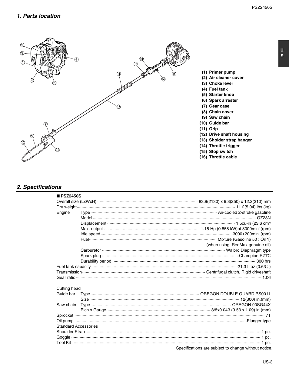 Parts location, Specifications | RedMax PSZ2450S User Manual | Page 3 / 19