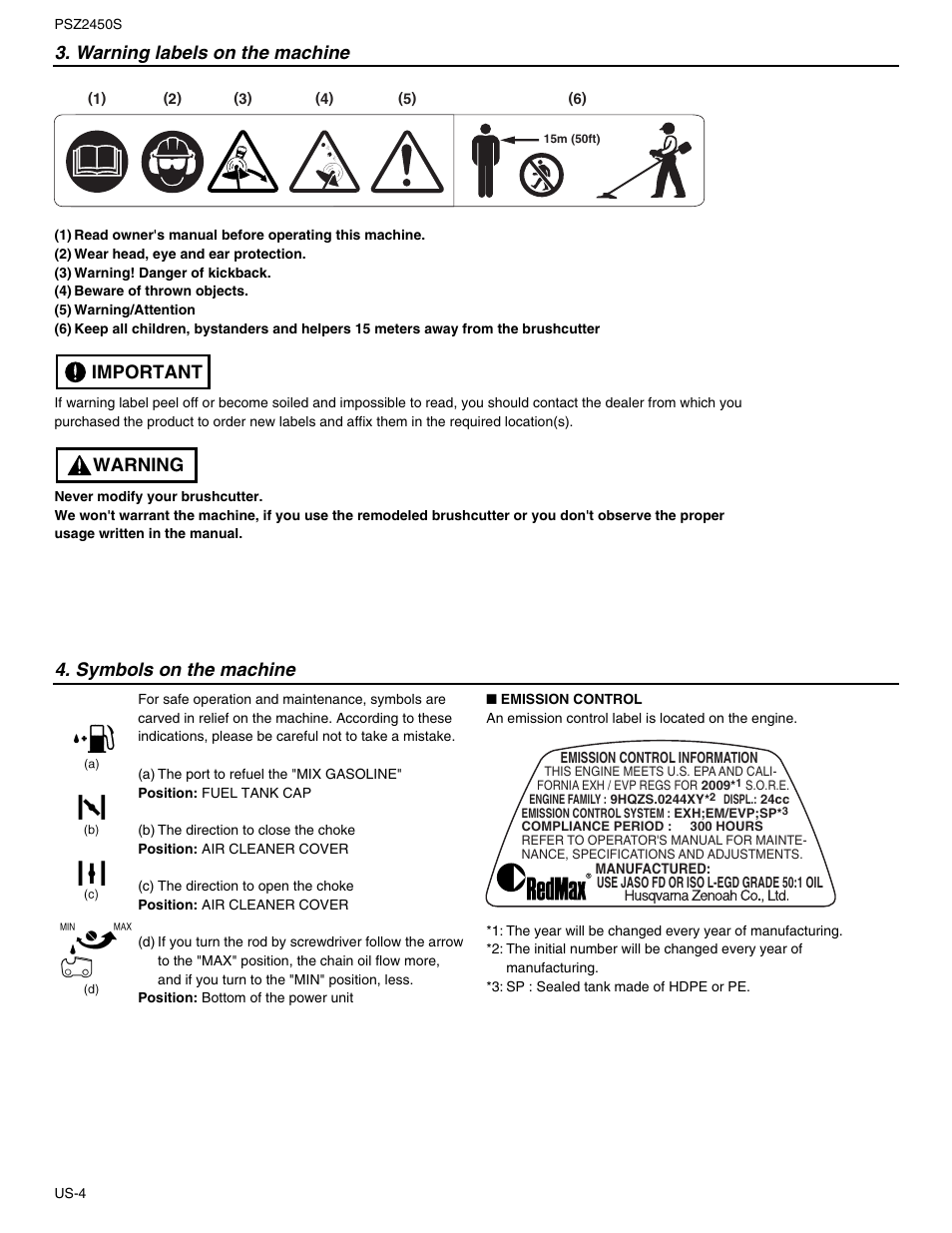 Warning labels on the machine, Symbols on the machine, Warning important | RedMax PSZ2450S User Manual | Page 4 / 19