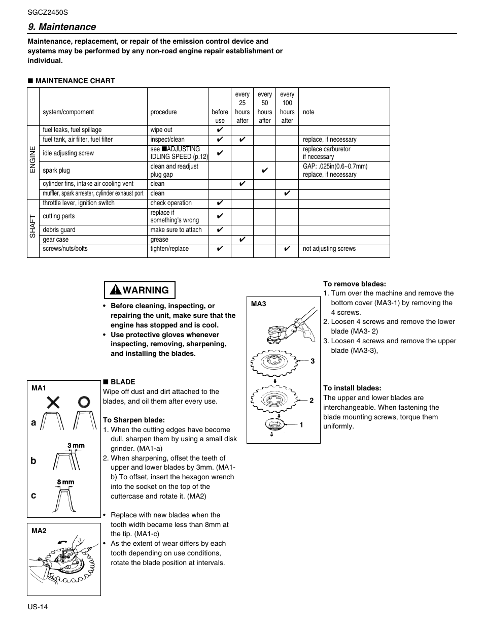 Maintenance, Warning | RedMax SGCZ2450S User Manual | Page 14 / 19