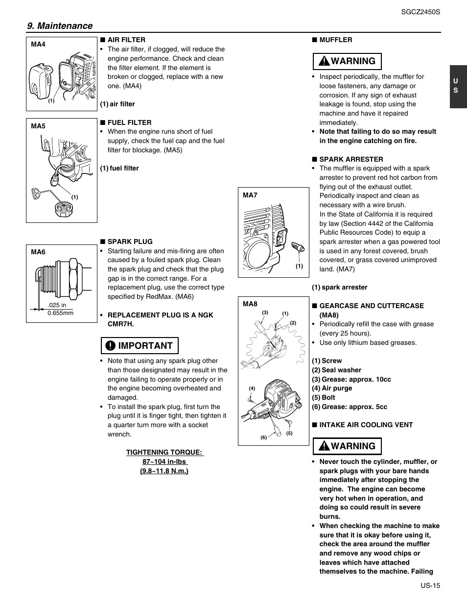 Important, Maintenance, Warning | RedMax SGCZ2450S User Manual | Page 15 / 19