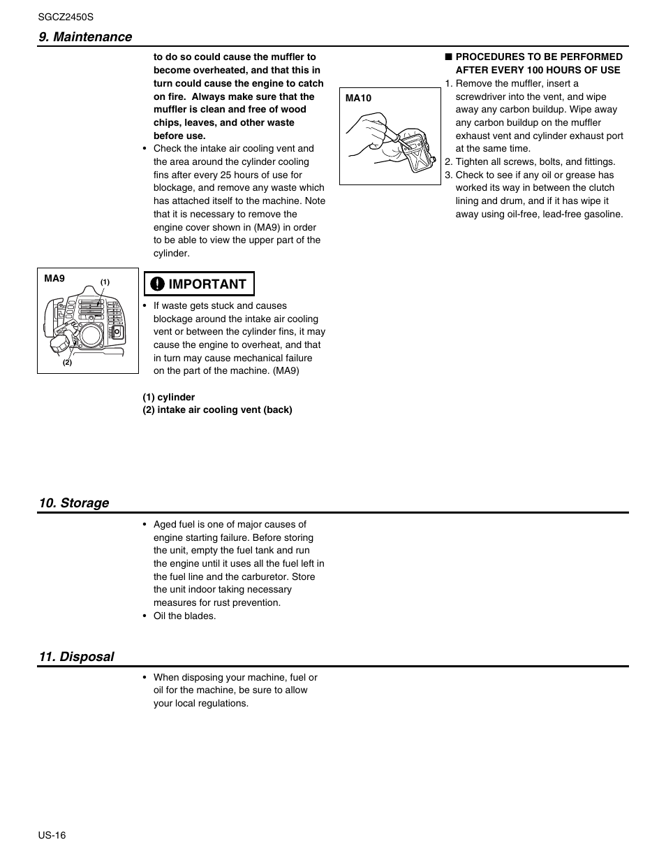 Maintenance, Storage 11. disposal, Important | RedMax SGCZ2450S User Manual | Page 16 / 19