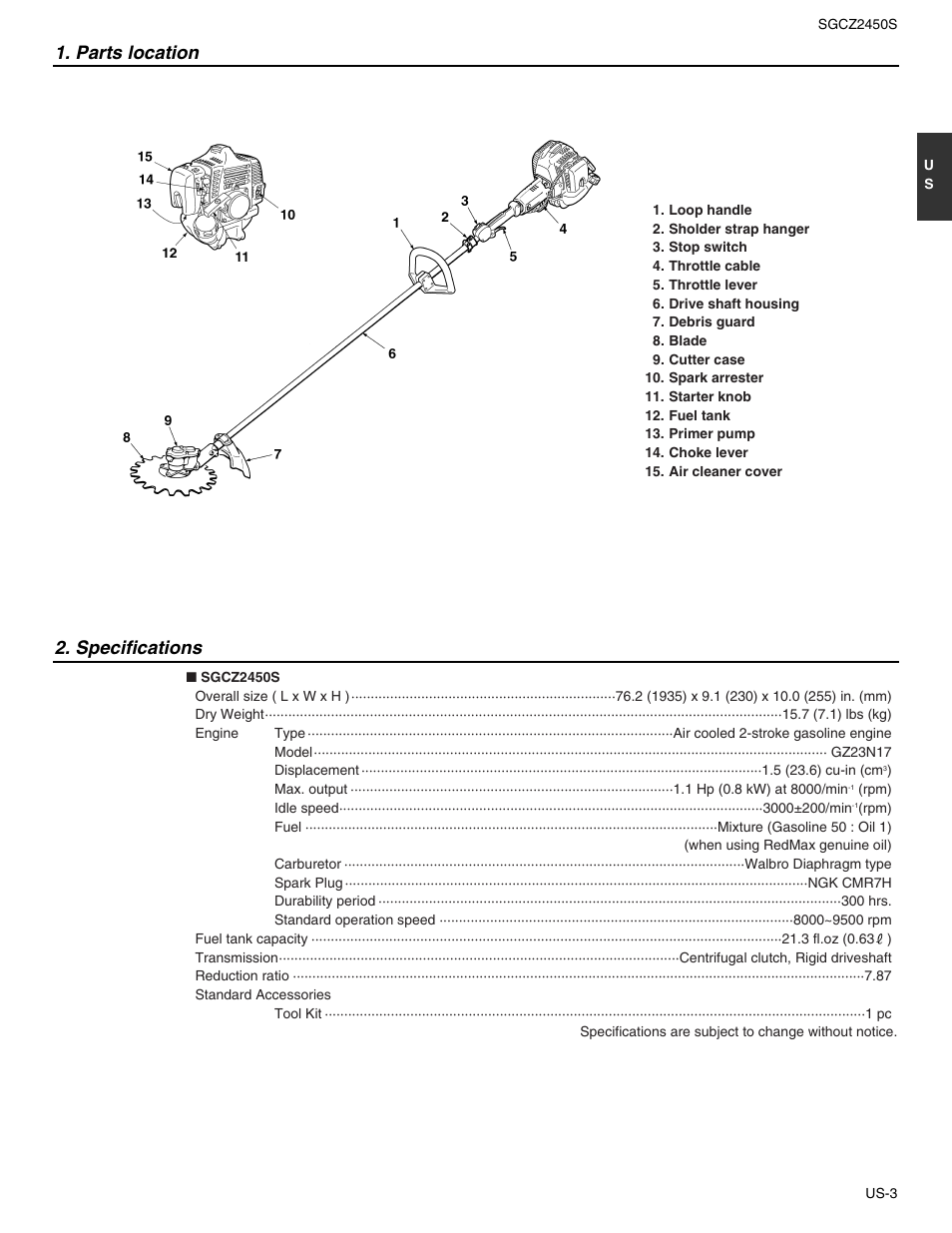 Parts location 2. specifications | RedMax SGCZ2450S User Manual | Page 3 / 19