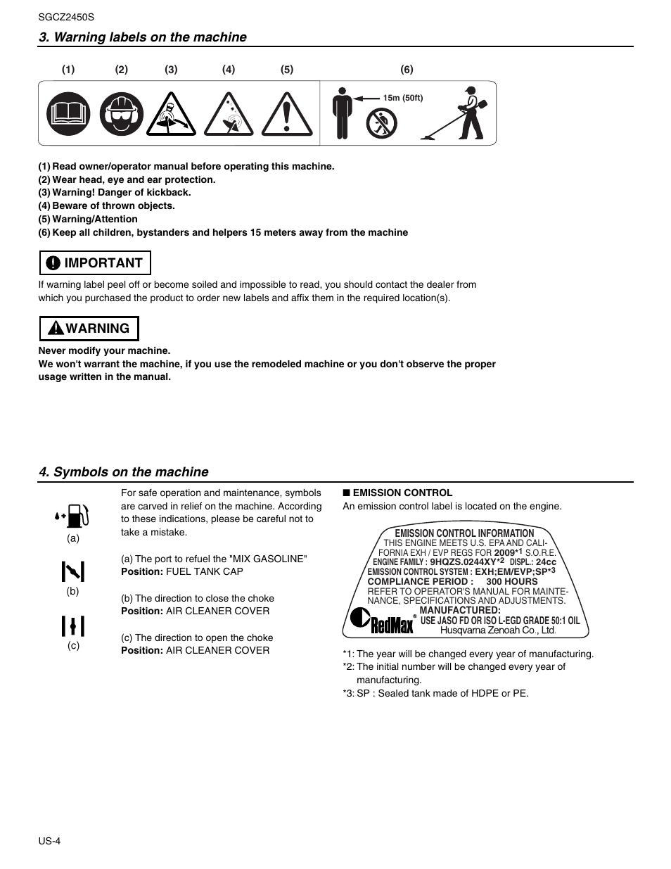 Warning labels on the machine, Warning important 4. symbols on the machine | RedMax SGCZ2450S User Manual | Page 4 / 19