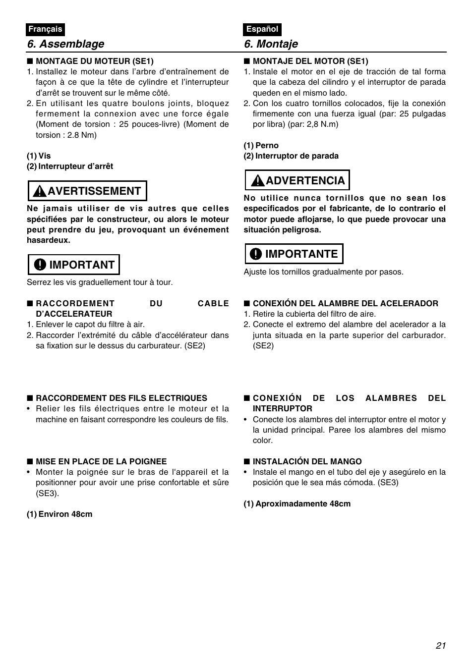 Assemblage 6. montaje, Important avertissement, Importante advertencia | RedMax SGCZ2401S-CA User Manual | Page 21 / 60