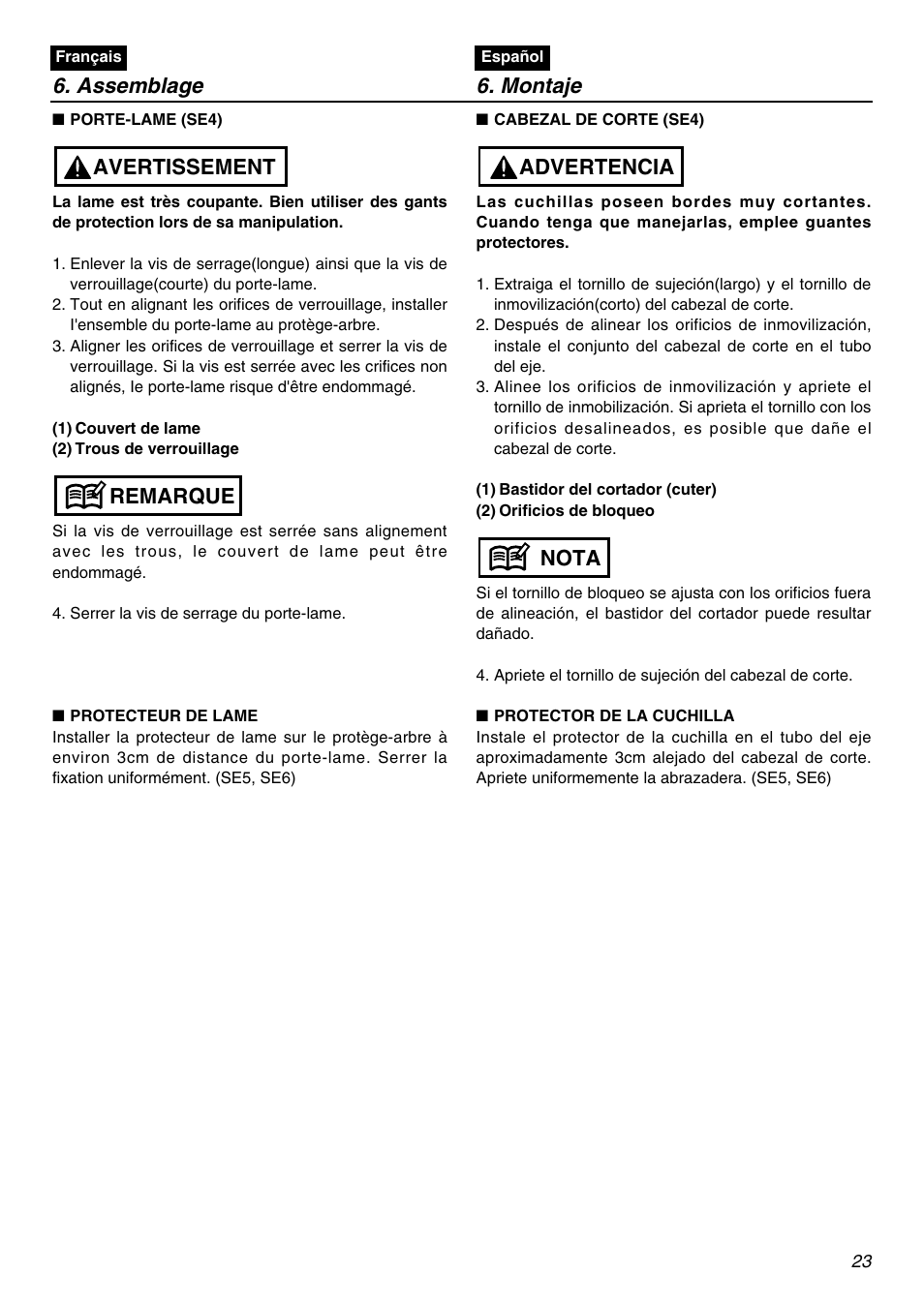 Assemblage 6. montaje, Remarque avertissement, Nota advertencia | RedMax SGCZ2401S-CA User Manual | Page 23 / 60