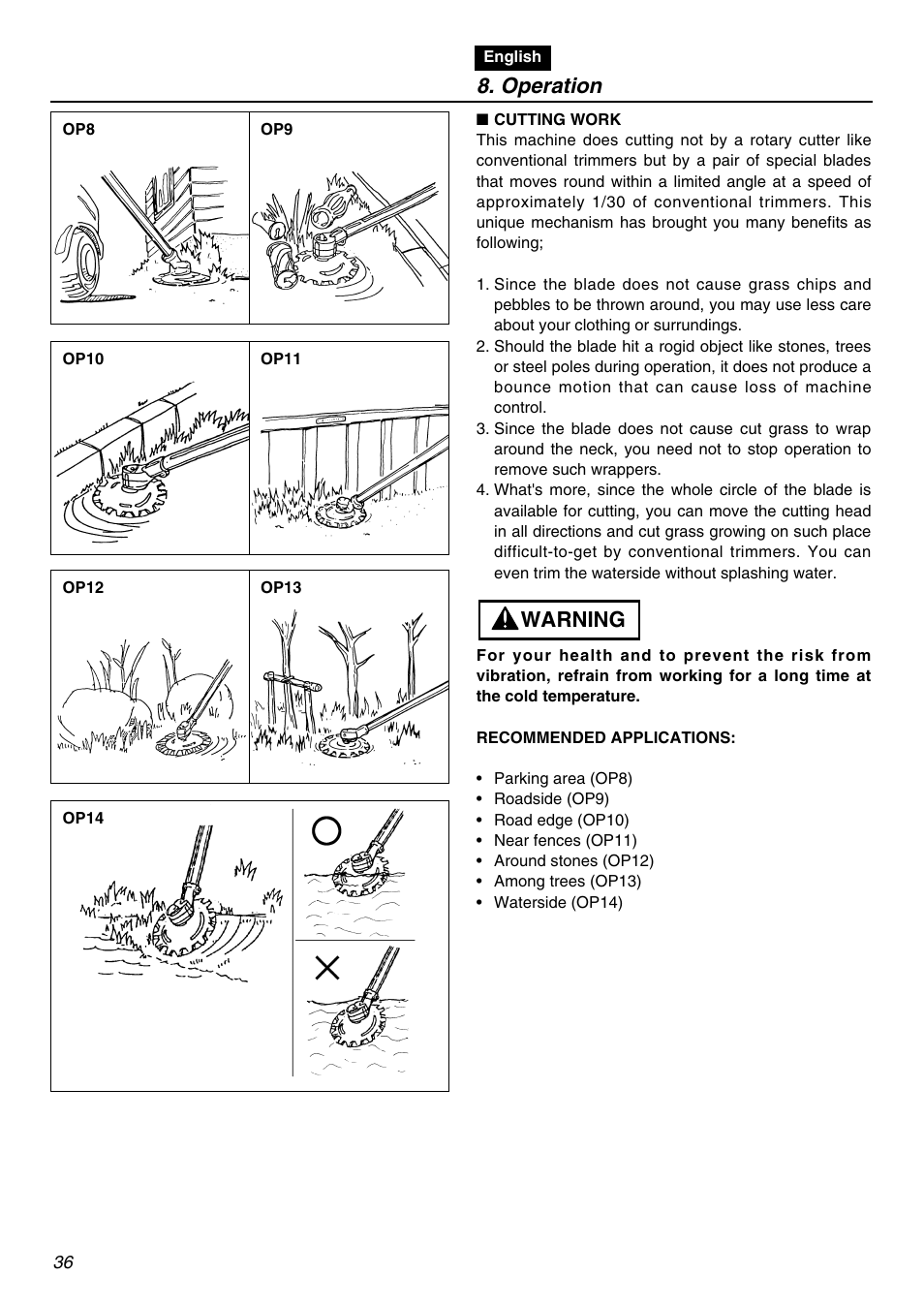 Operation, Warning | RedMax SGCZ2401S-CA User Manual | Page 36 / 60