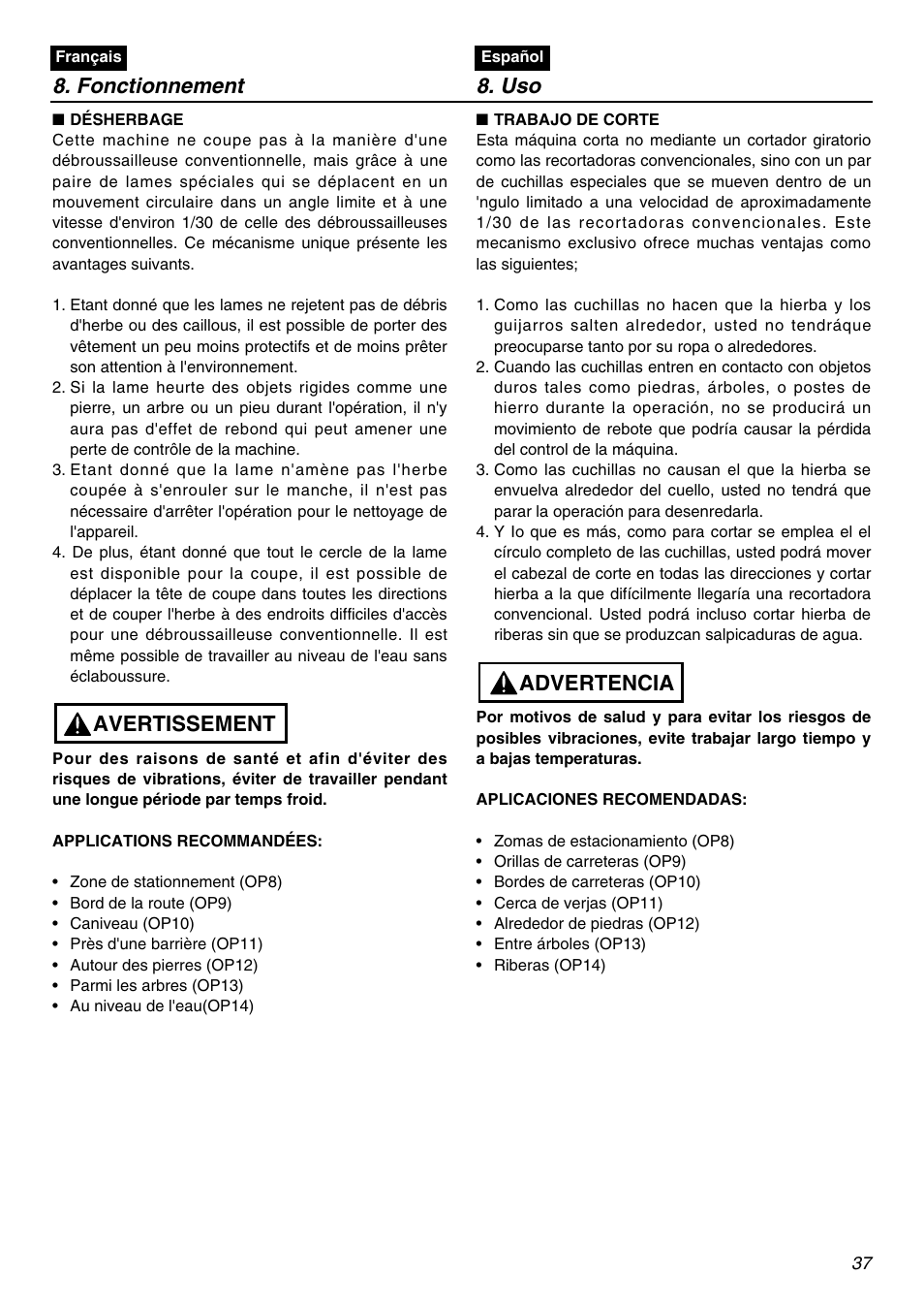 Fonctionnement 8. uso, Avertissement, Advertencia | RedMax SGCZ2401S-CA User Manual | Page 37 / 60