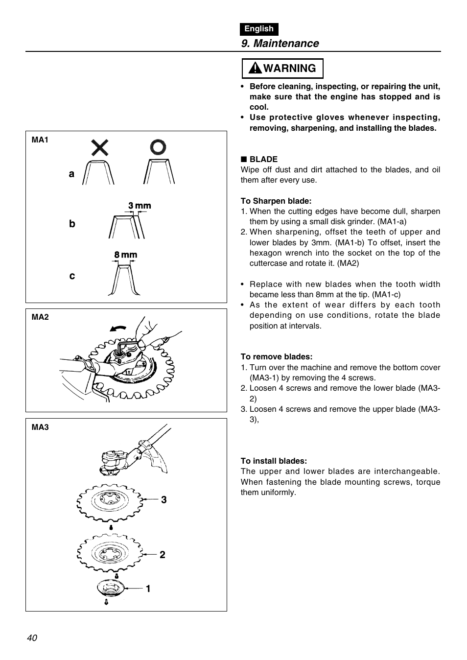 Maintenance, Warning | RedMax SGCZ2401S-CA User Manual | Page 40 / 60