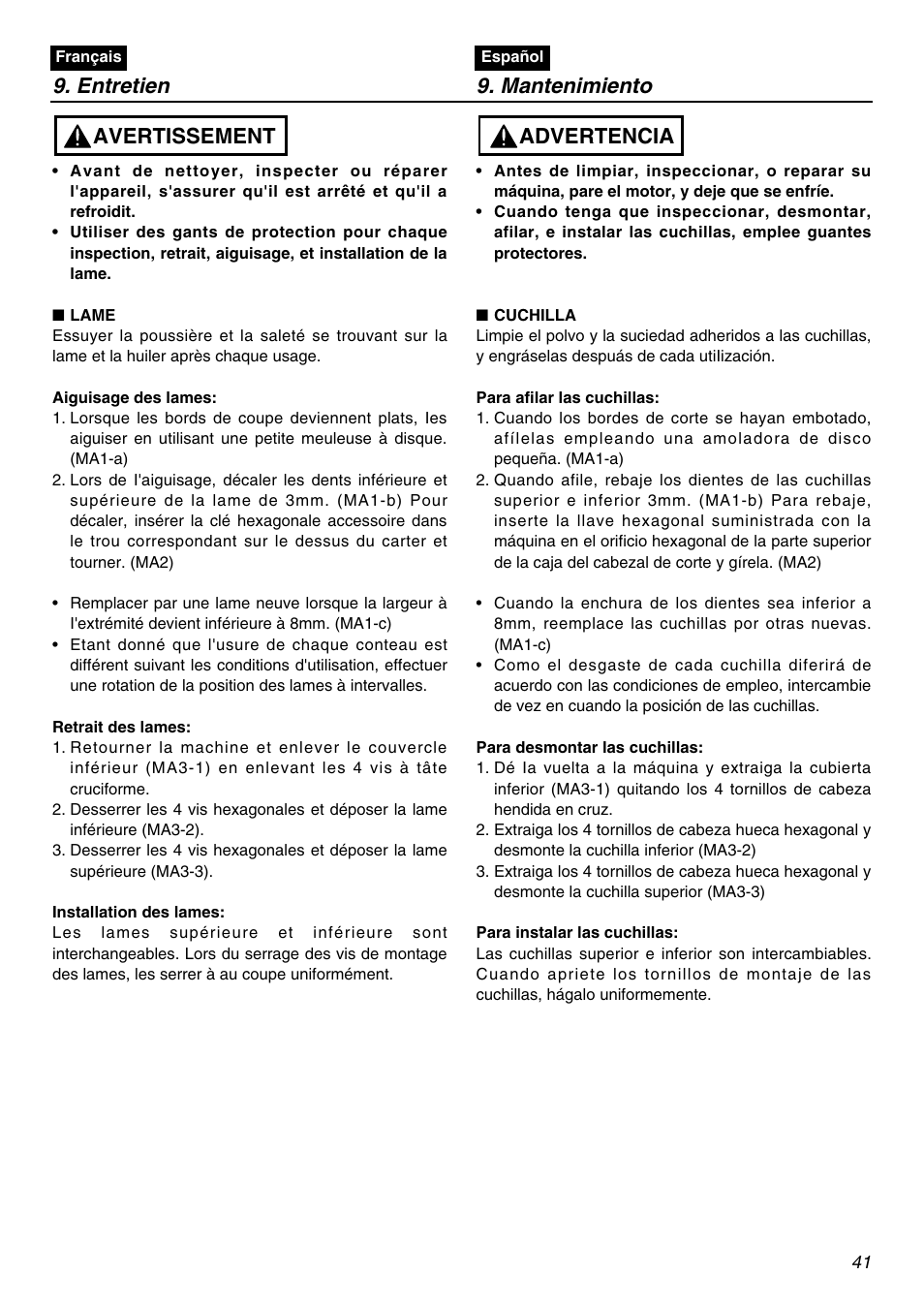 Entretien 9. mantenimiento, Avertissement, Advertencia | RedMax SGCZ2401S-CA User Manual | Page 41 / 60