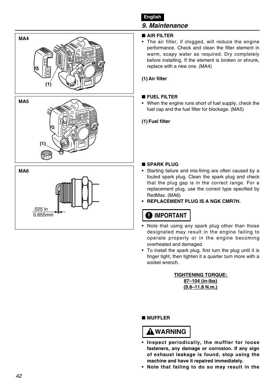Maintenance, Warning important | RedMax SGCZ2401S-CA User Manual | Page 42 / 60