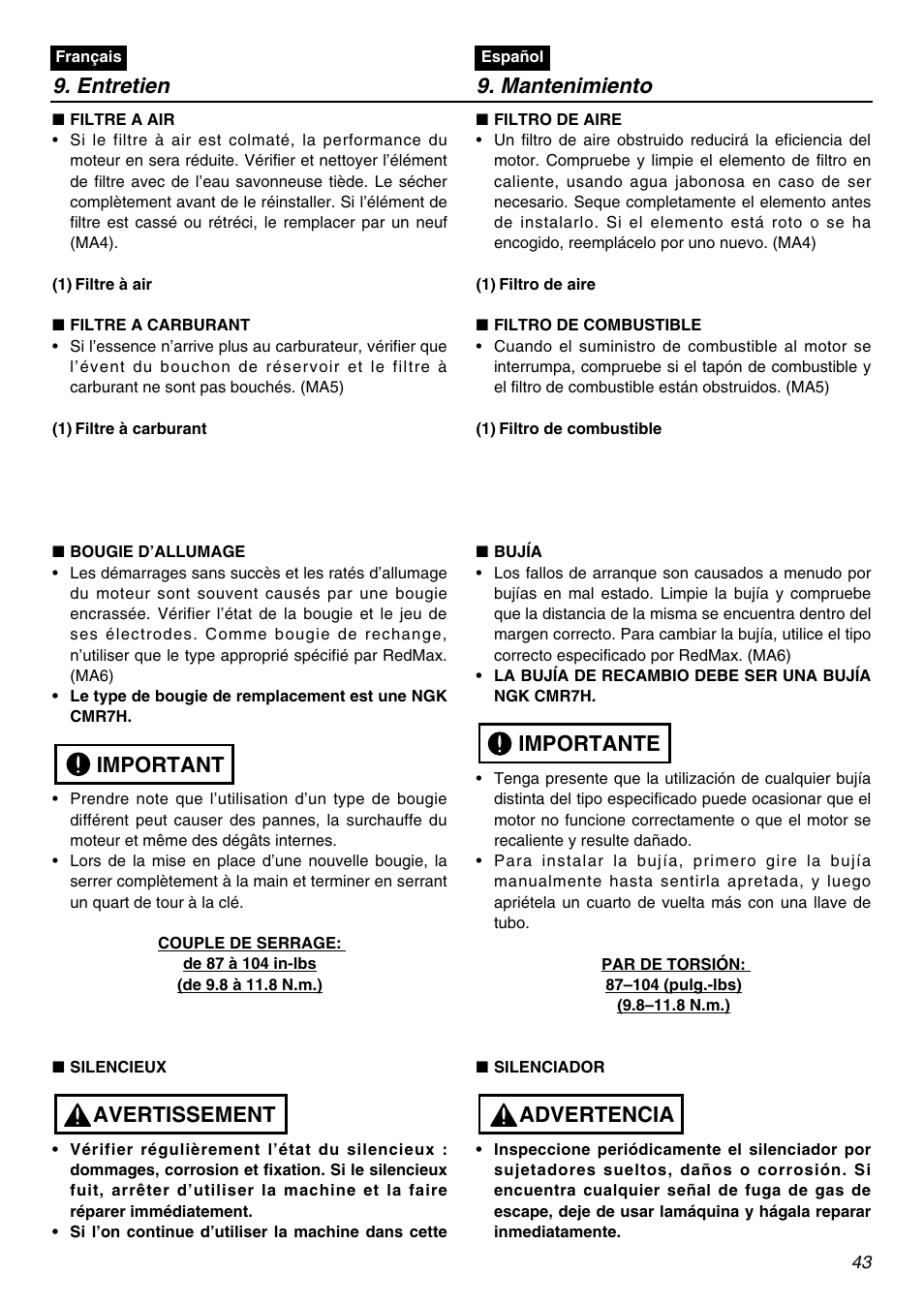 Entretien 9. mantenimiento, Avertissement important, Advertencia importante | RedMax SGCZ2401S-CA User Manual | Page 43 / 60