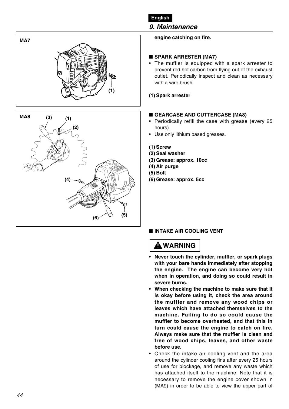 Maintenance, Warning | RedMax SGCZ2401S-CA User Manual | Page 44 / 60