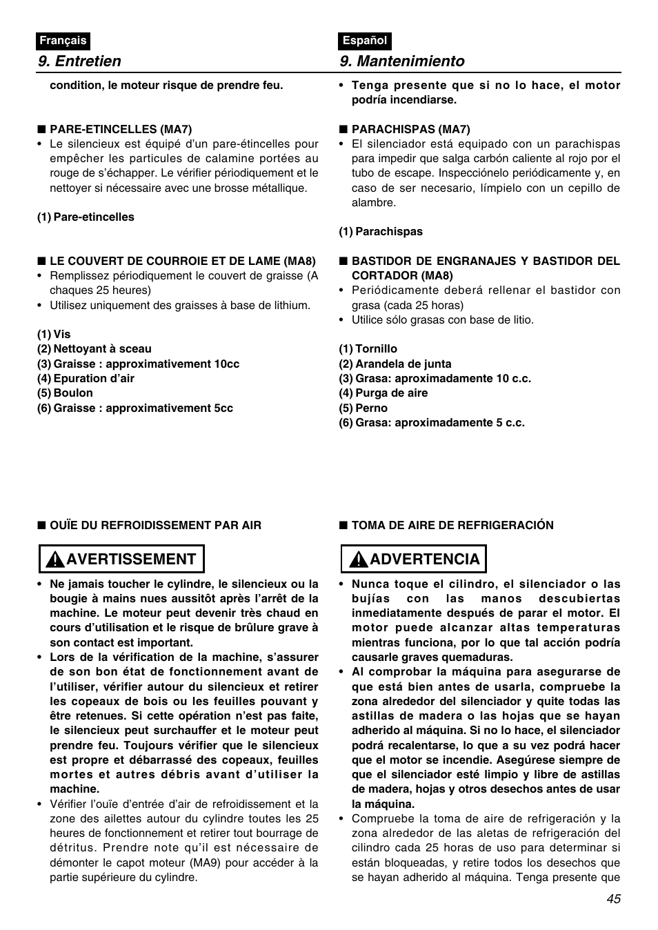 Entretien 9. mantenimiento, Avertissement, Advertencia | RedMax SGCZ2401S-CA User Manual | Page 45 / 60