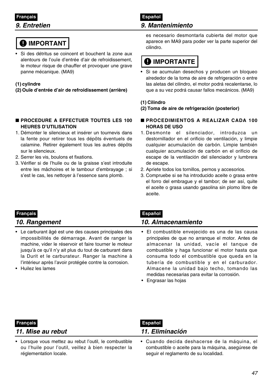 Entretien 9. mantenimiento, Important, Importante | Rangement 10. almacenamiento, Mise au rebut, Eliminación | RedMax SGCZ2401S-CA User Manual | Page 47 / 60