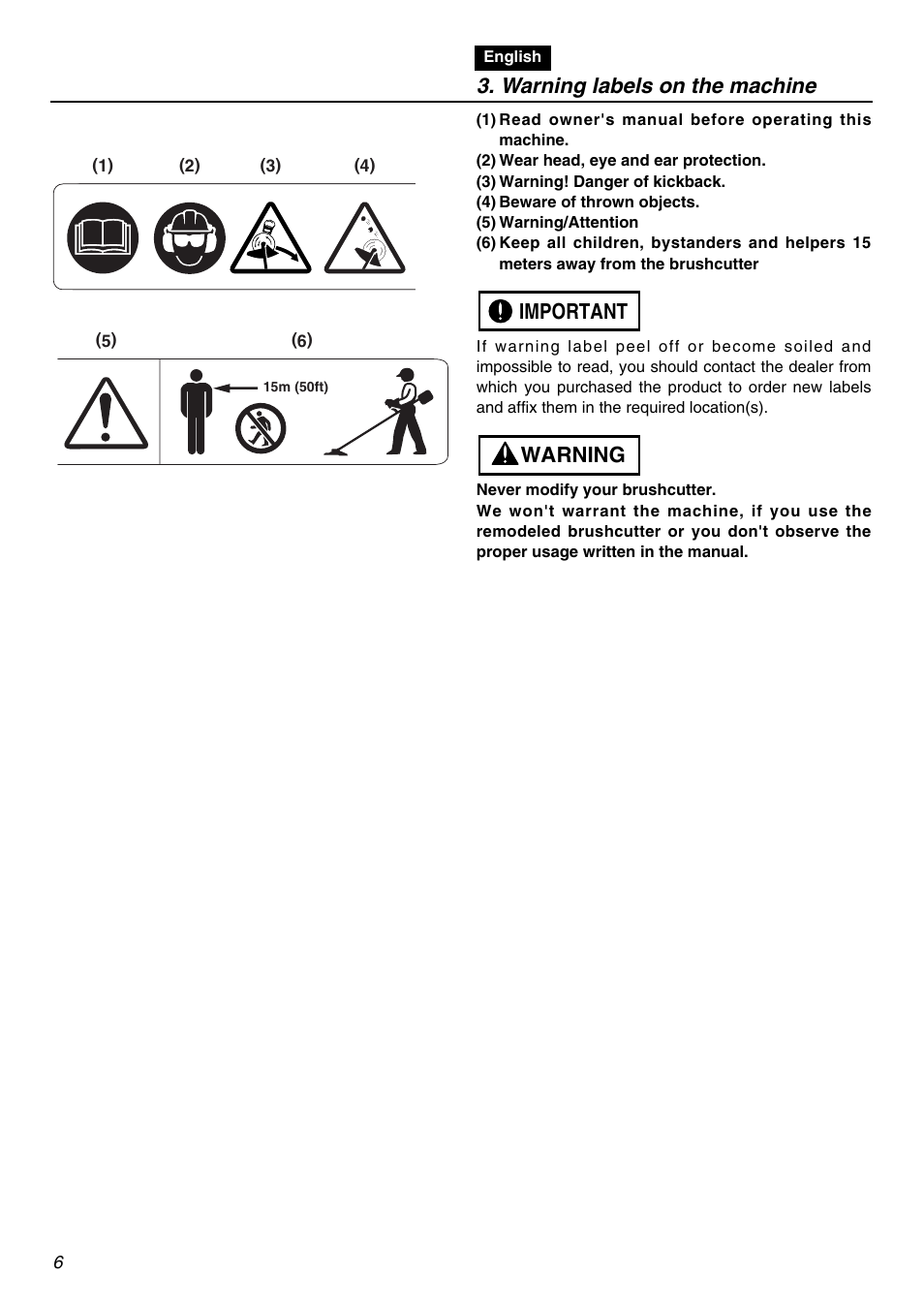 Warning labels on the machine, Warning important | RedMax SGCZ2401S-CA User Manual | Page 6 / 60