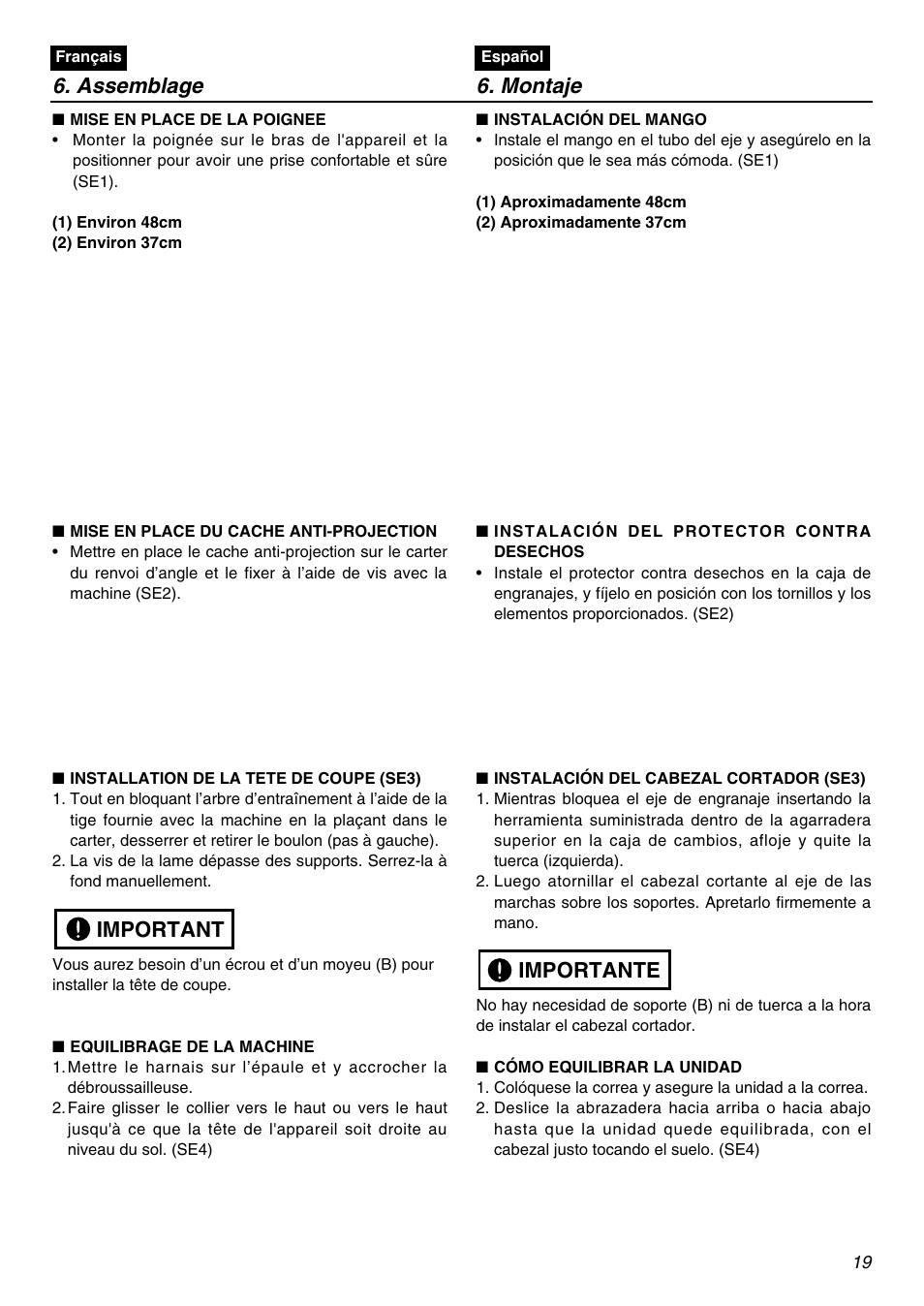 Assemblage 6. montaje, Important, Importante | RedMax BCZ2610S-CA User Manual | Page 19 / 64