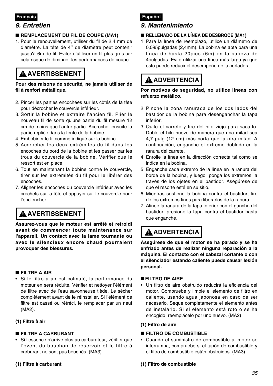Entretien 9. mantenimiento, Avertissement, Advertencia | RedMax BCZ2610S-CA User Manual | Page 35 / 64