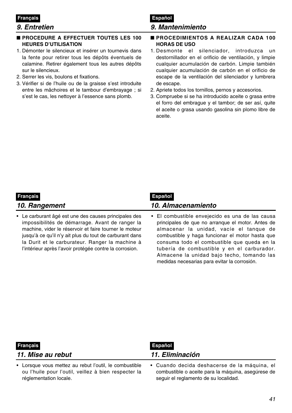 Entretien 9. mantenimiento, Rangement 10. almacenamiento, Mise au rebut | Eliminación | RedMax BCZ2610S-CA User Manual | Page 41 / 64