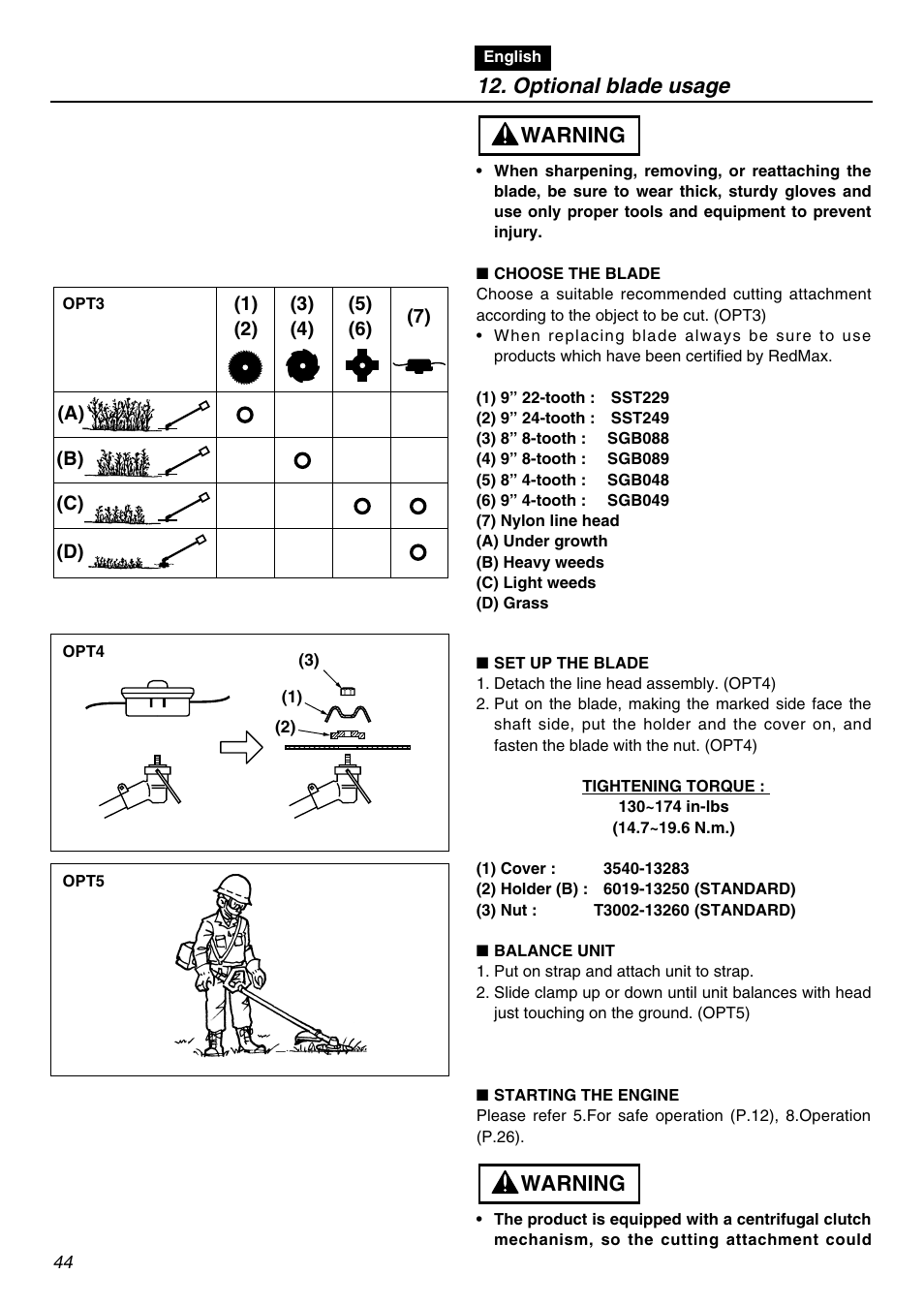 Warning, Optional blade usage | RedMax BCZ2610S-CA User Manual | Page 44 / 64