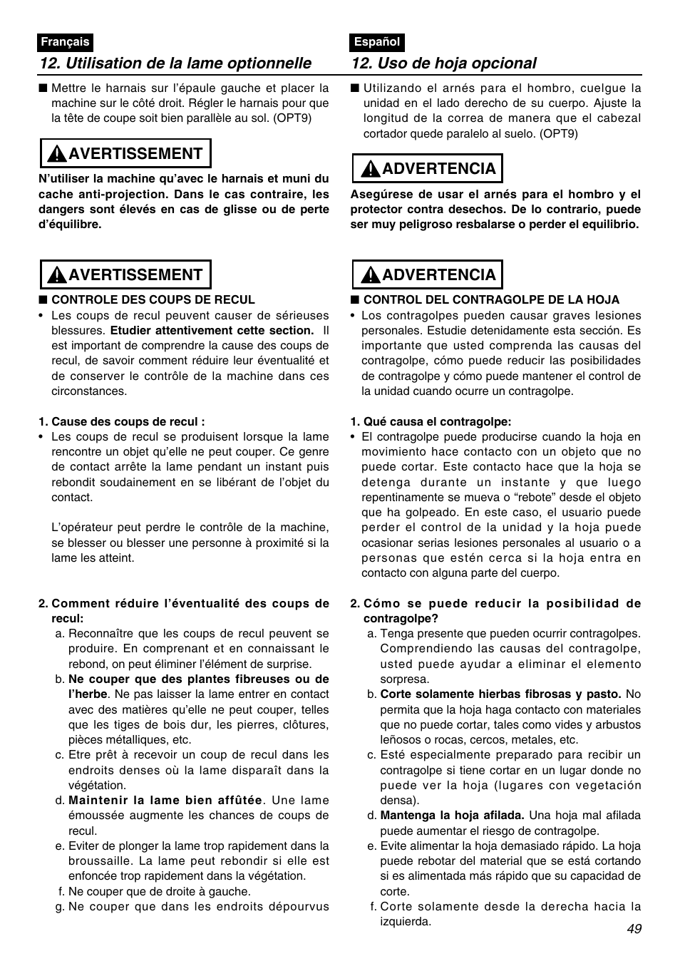 Avertissement, Advertencia | RedMax BCZ2610S-CA User Manual | Page 49 / 64