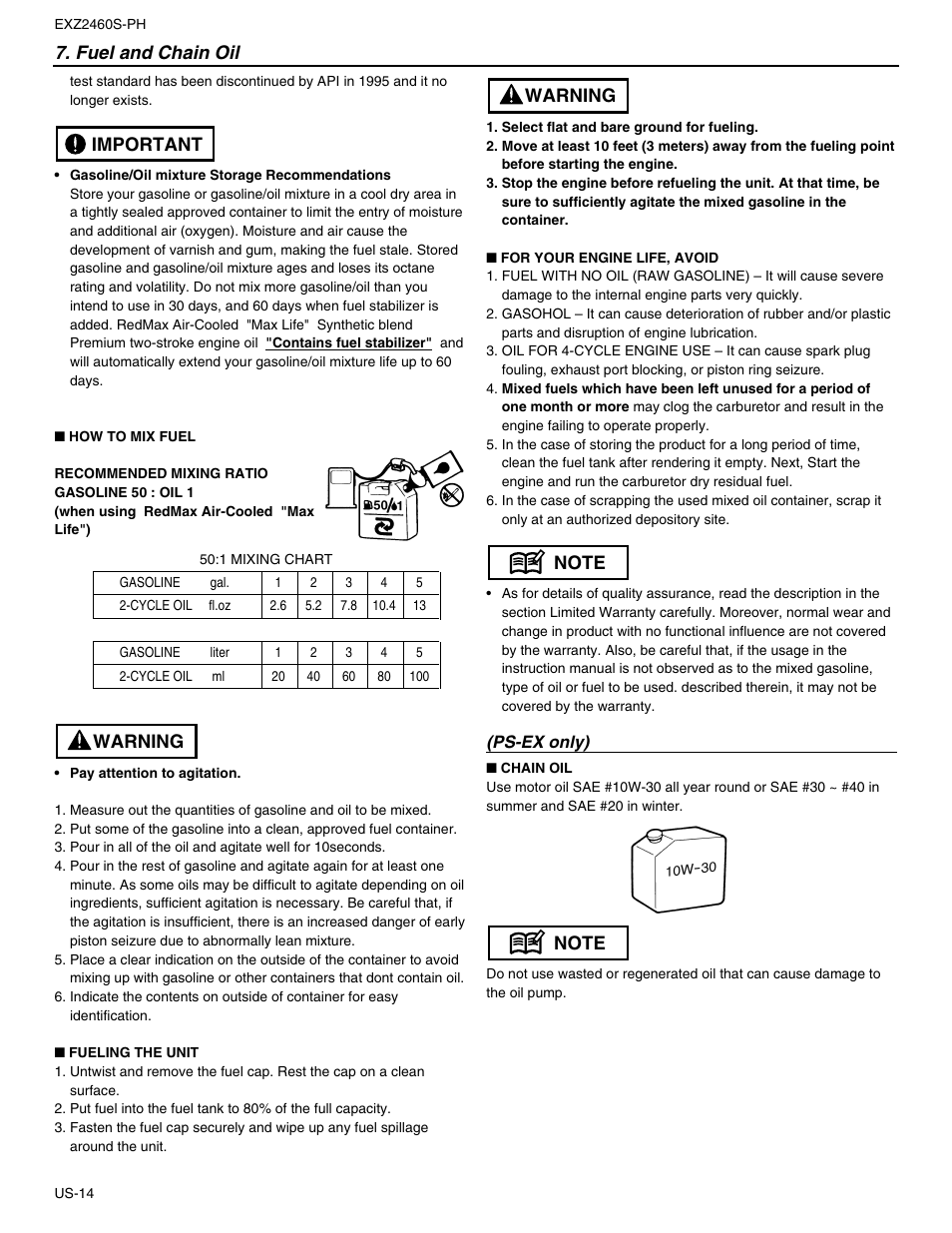 Fuel and chain oil, Warning important | RedMax EXTREME EXZ2460S-PH User Manual | Page 14 / 31