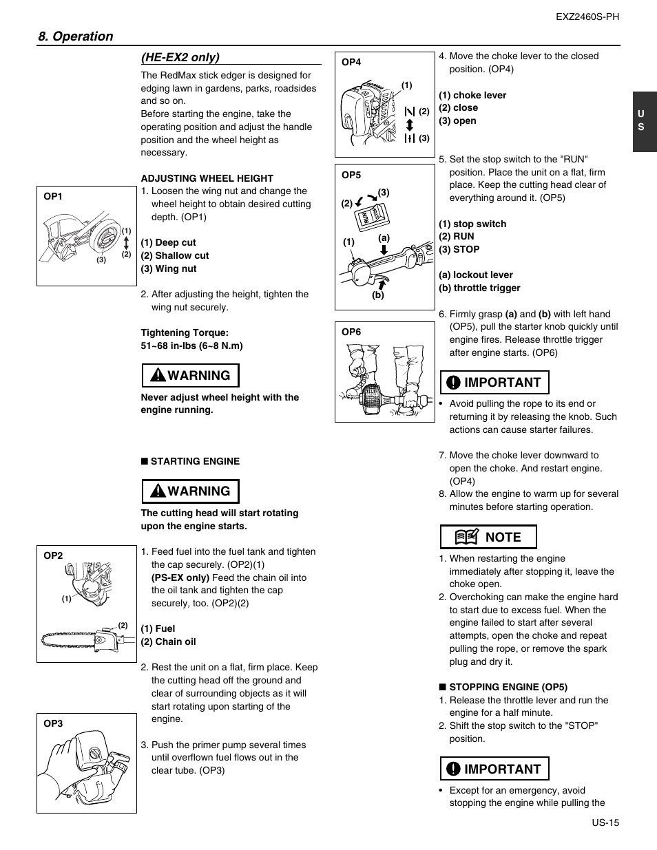 Operation, Warning | RedMax EXTREME EXZ2460S-PH User Manual | Page 15 / 31