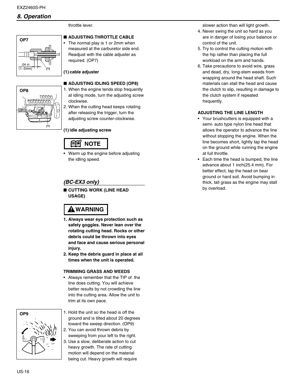 Operation, Warning | RedMax EXTREME EXZ2460S-PH User Manual | Page 16 / 31