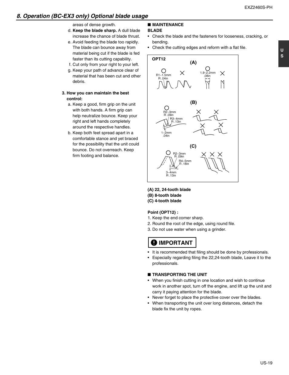 Important, Operation (bc-ex3 only) optional blade usage | RedMax EXTREME EXZ2460S-PH User Manual | Page 19 / 31