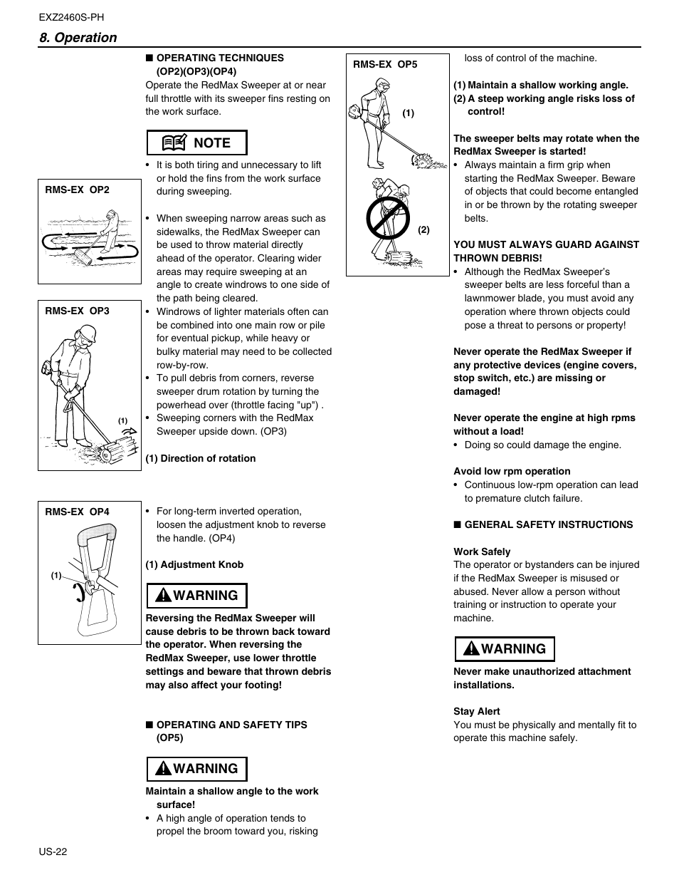 Operation, Warning | RedMax EXTREME EXZ2460S-PH User Manual | Page 22 / 31