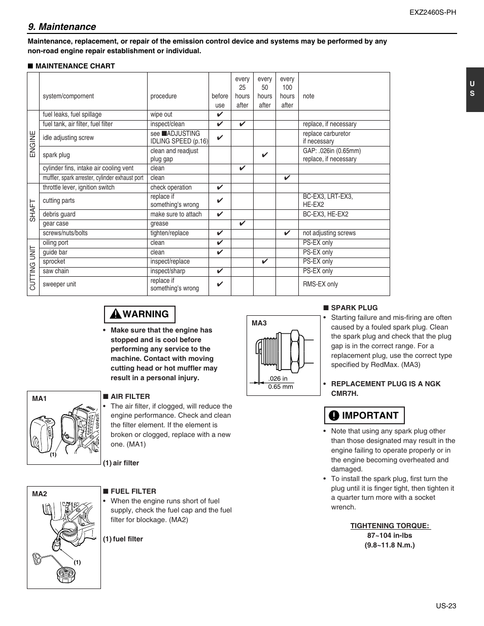 Maintenance, Warning, Important | RedMax EXTREME EXZ2460S-PH User Manual | Page 23 / 31