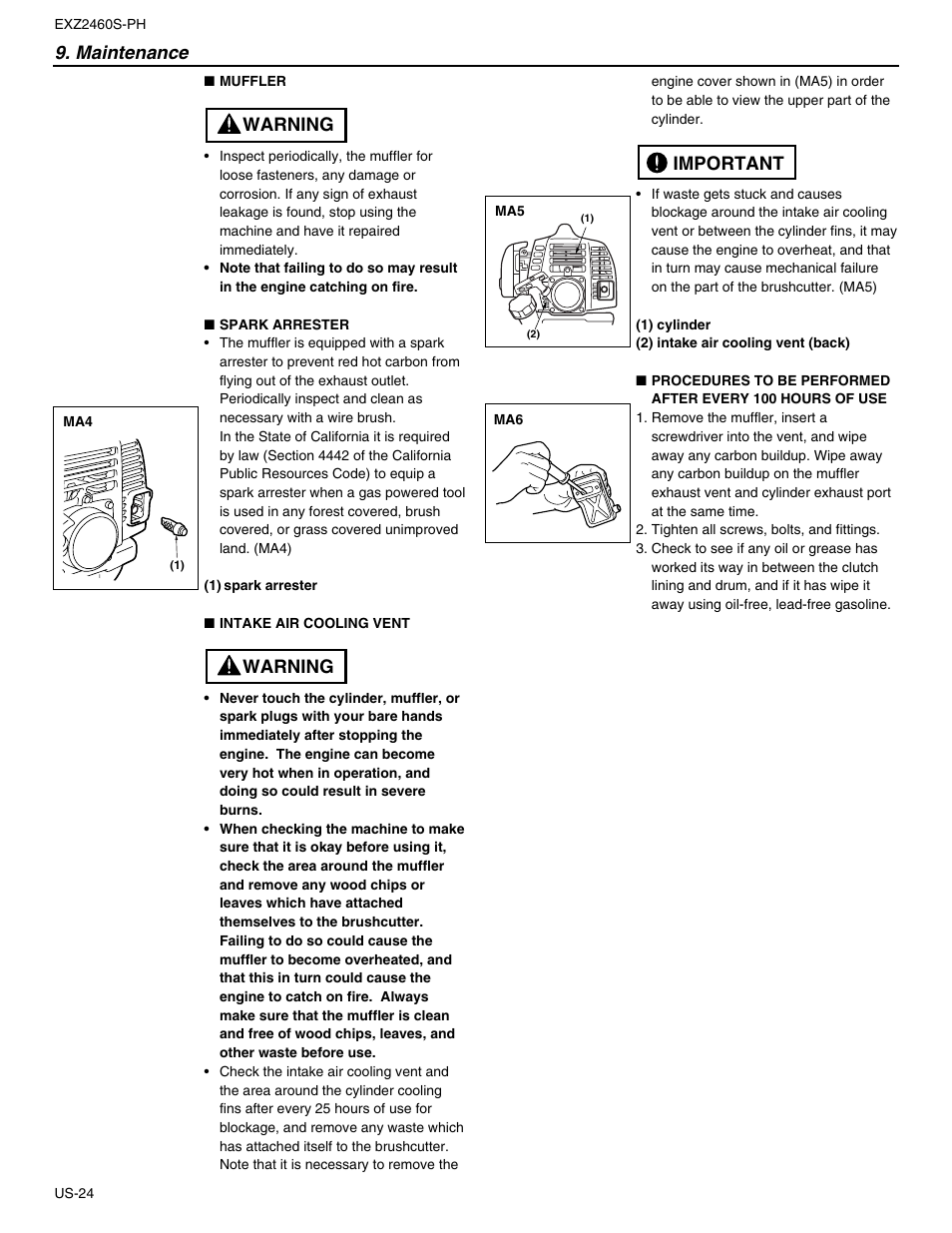 Warning, Maintenance, Important | RedMax EXTREME EXZ2460S-PH User Manual | Page 24 / 31